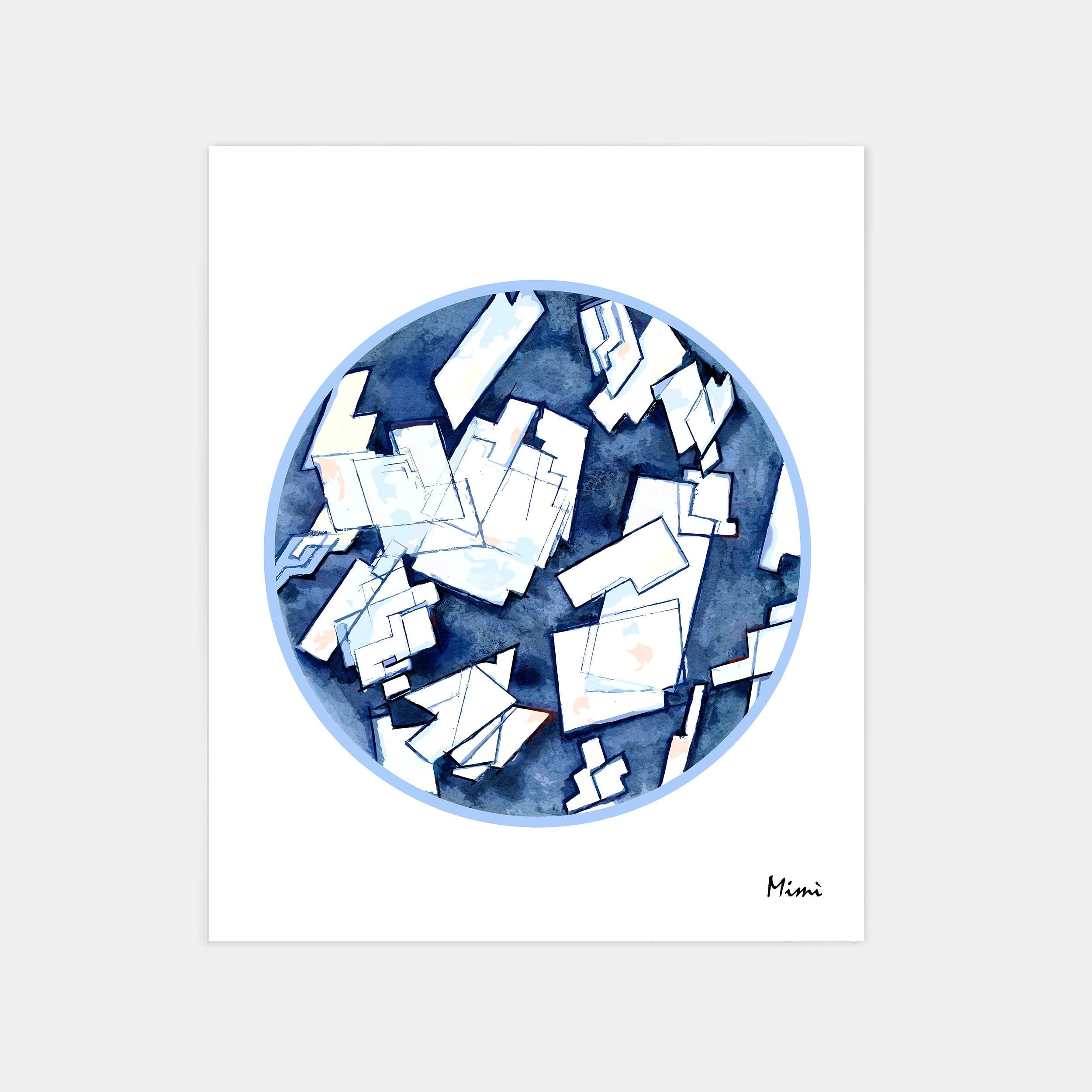 Abstract Cholesterol Crystals print with blue and white geometric shapes on a white background