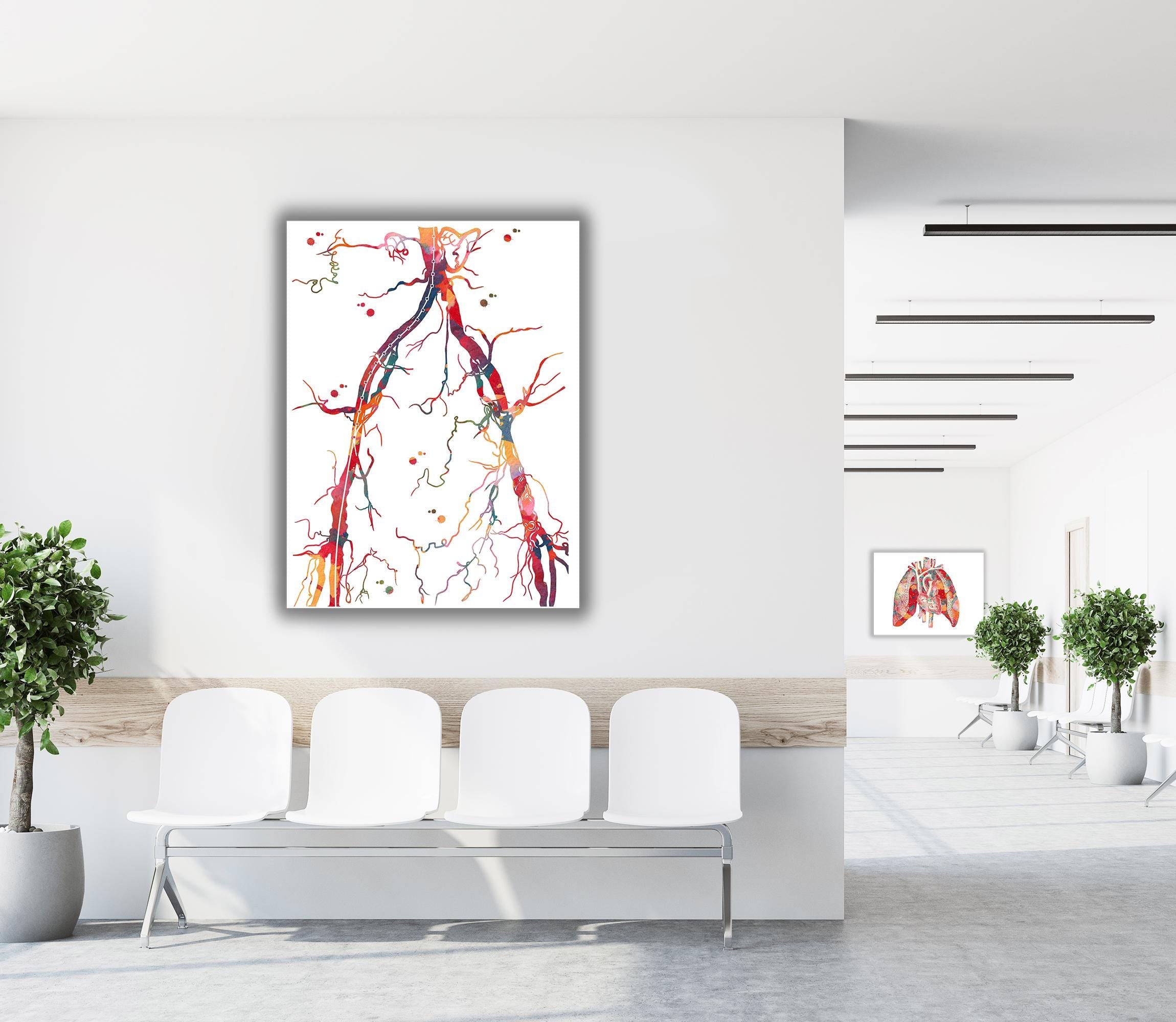 Modern clinic waiting room interior with colorful abdominal aortic angiogram canvas art print by Mimiprints on the wall and white chairs.