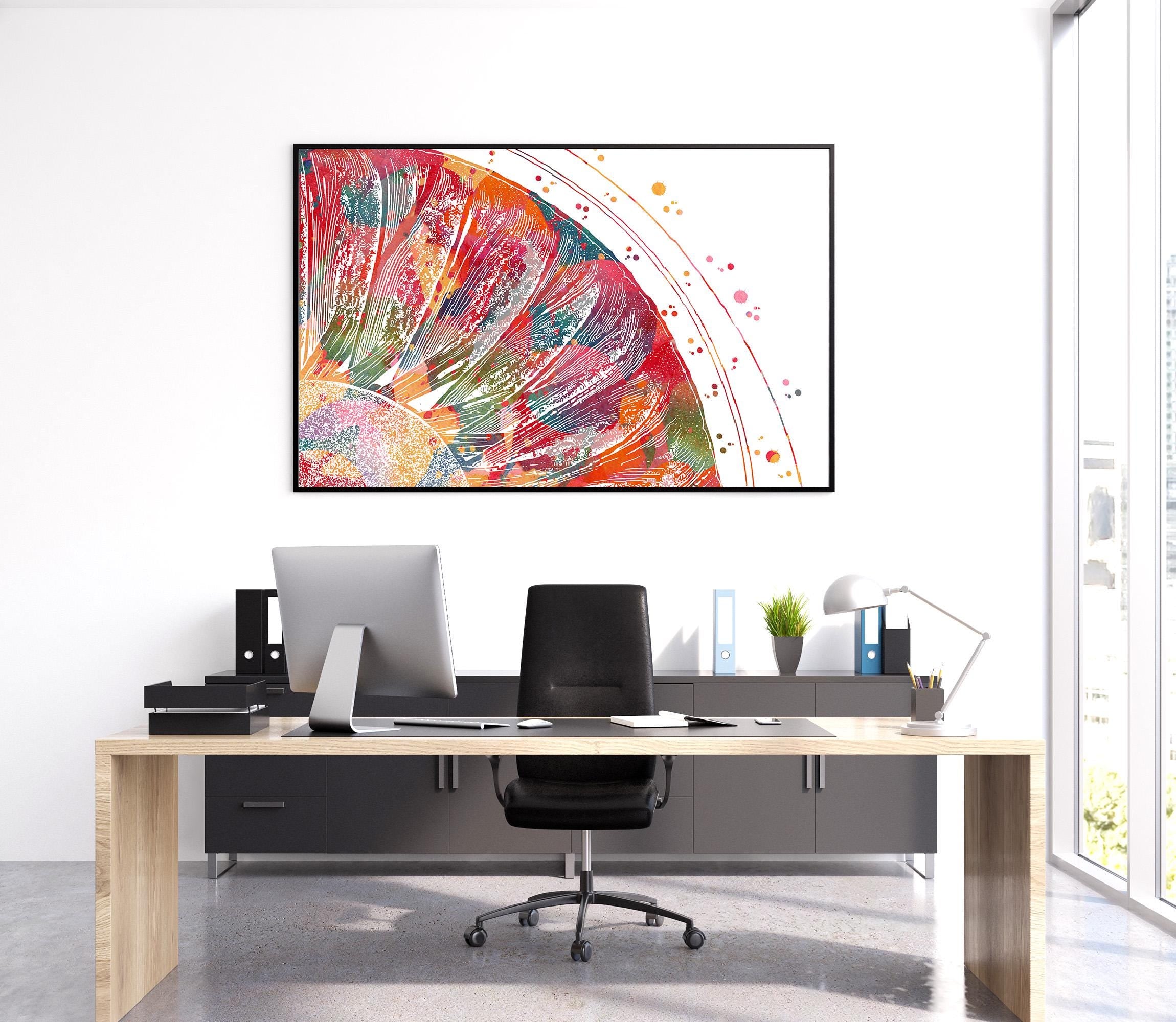 Modern doctor's office setup with a desk, chair, and a colorful ophthalmology painting on the wall by Mimiprints.