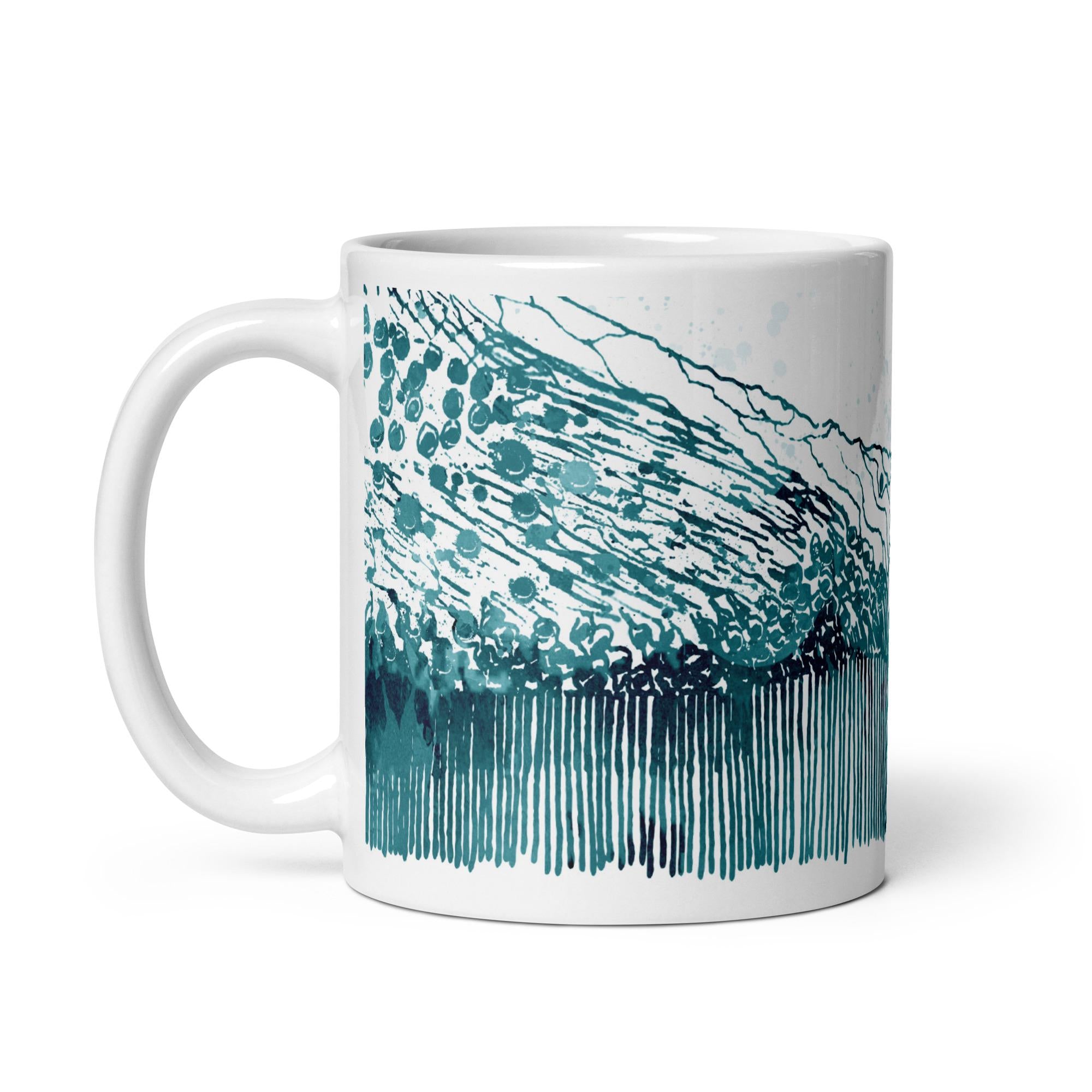 Fovea Watercolor design painted in blue- teal on a white glossy ceramics mug