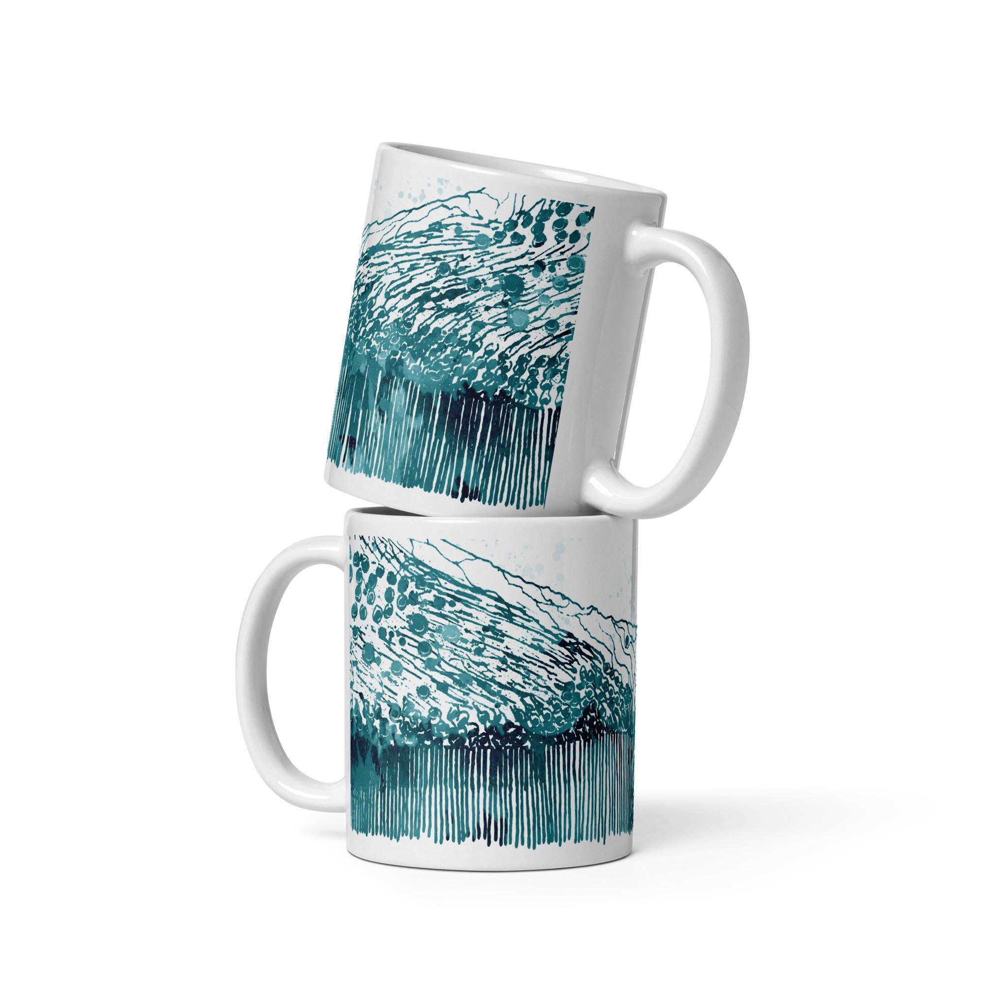 Fovea Watercolor design painted in blue- teal on a white glossy ceramics mug