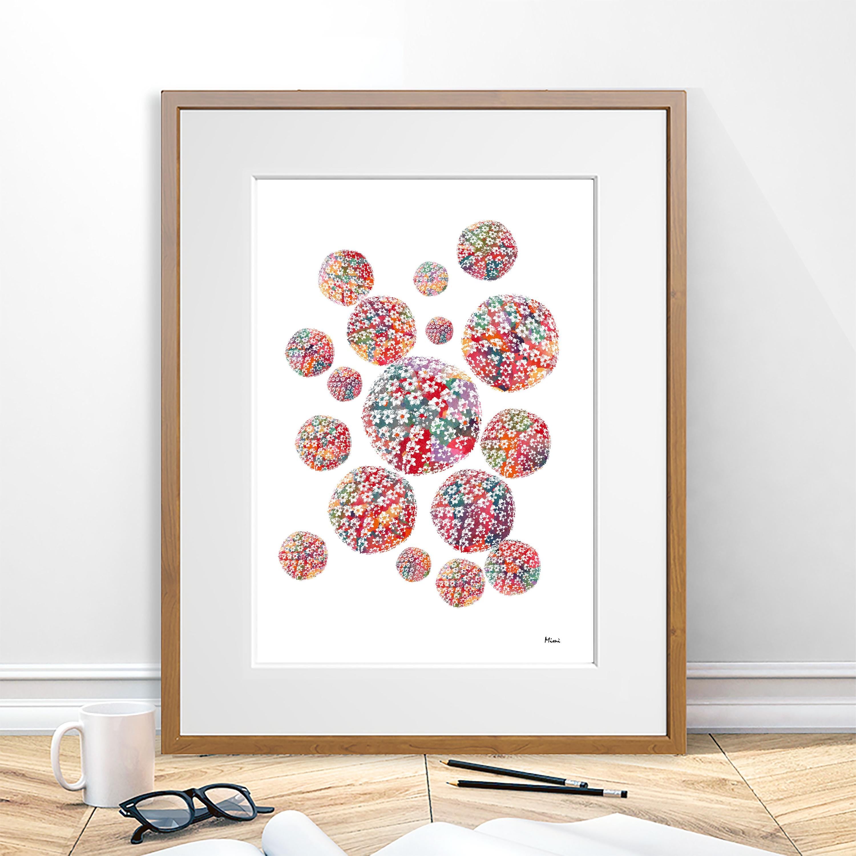 Framed artwork with Herpes Simplex Virus Structure watercolor on a white wall.
