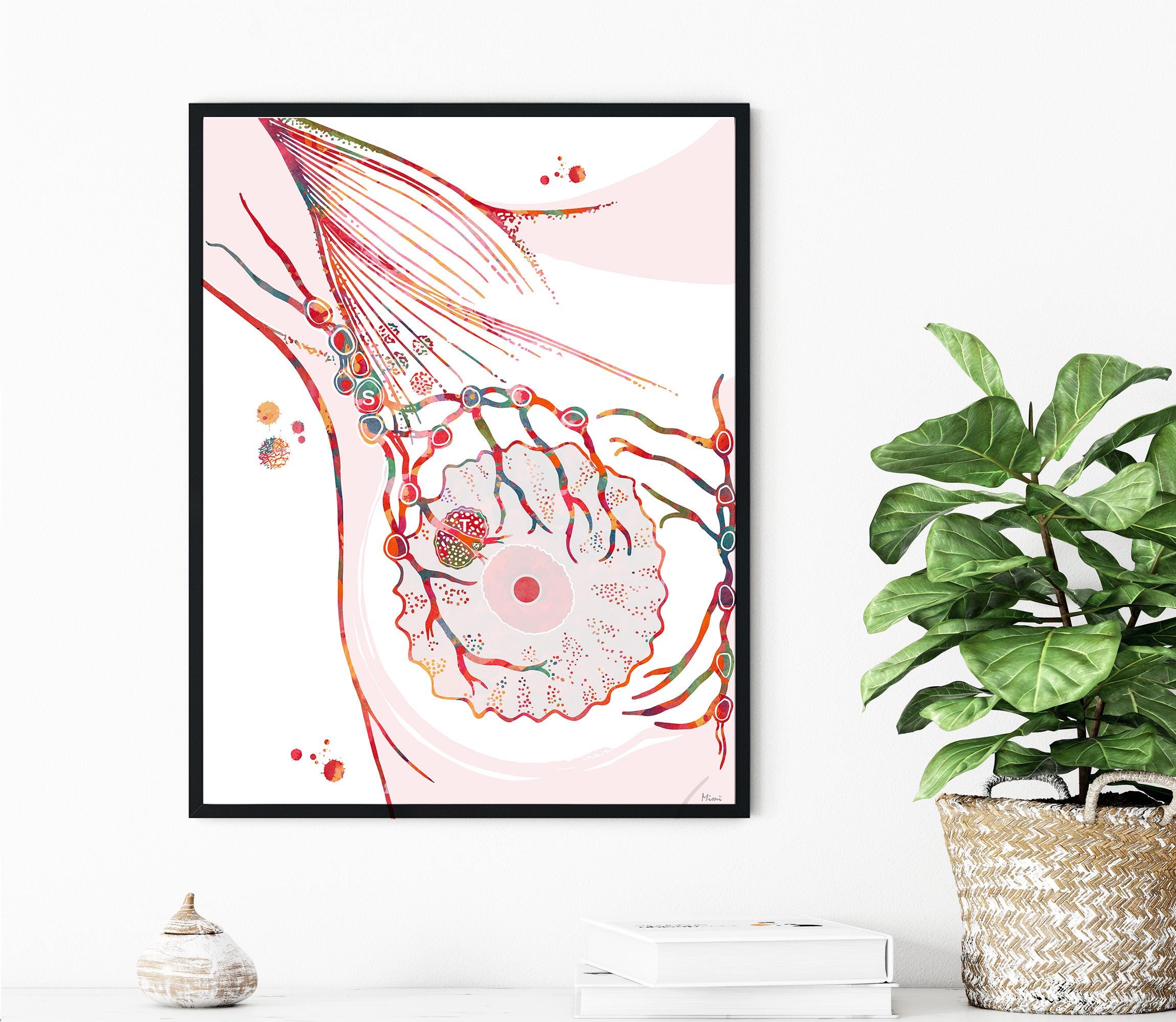 Sentinel Lymph Node artwork on a wall with a plant and decorative items below.