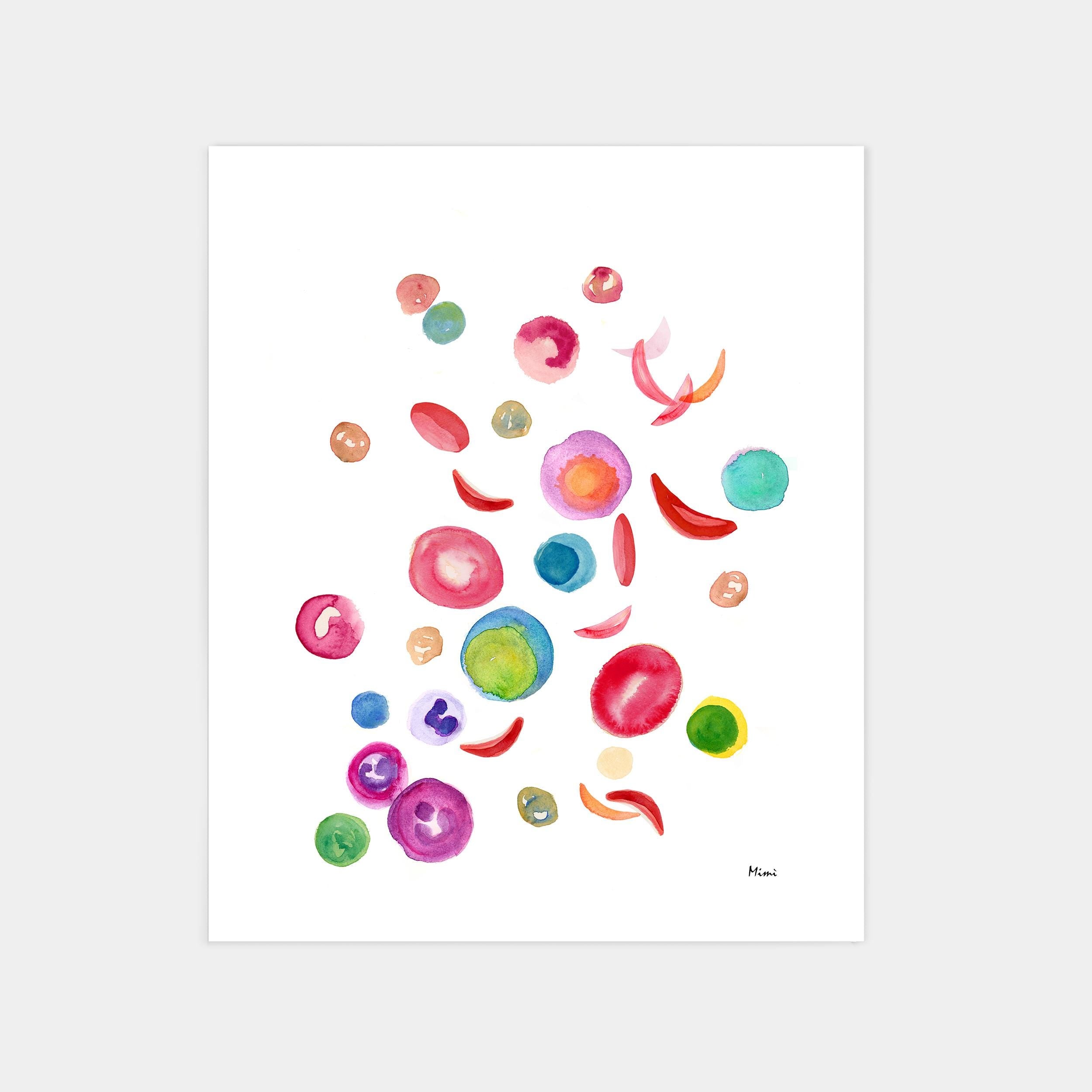 Colorful abstract blood cells watercolor print on a white background