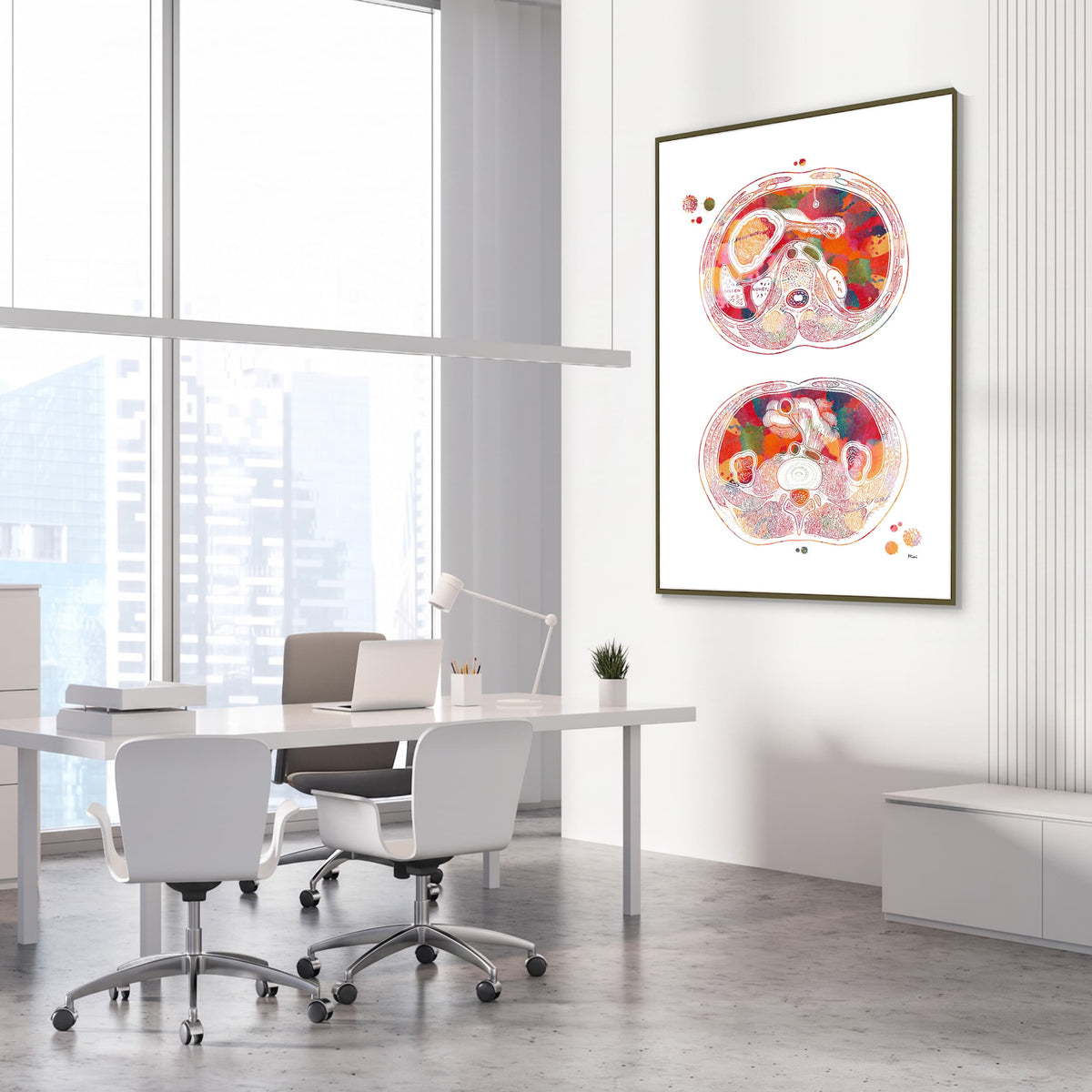 Framed abdomen cross-section watercolor print in a gastroenterology clinic
