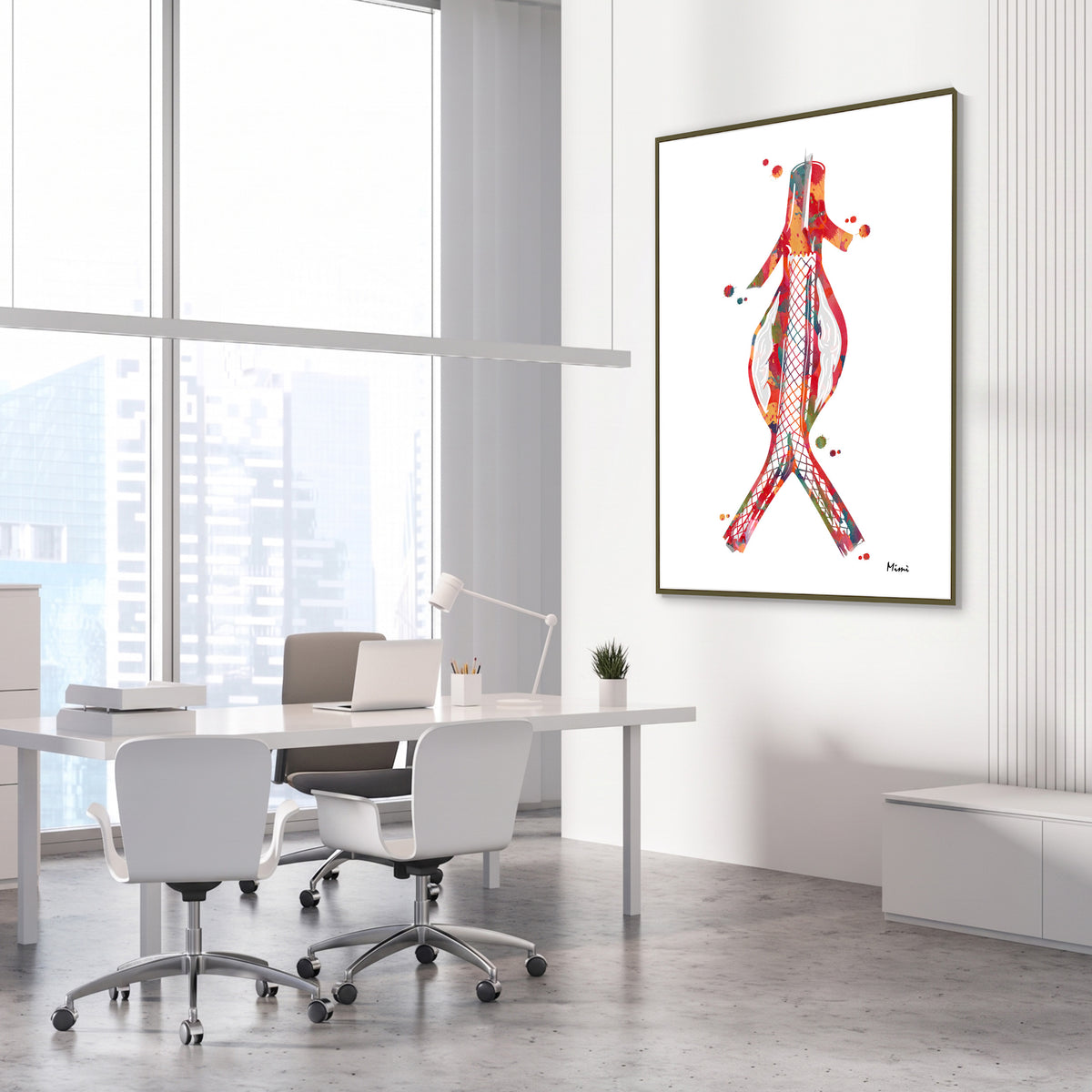 Framed abdominal aortic stent watercolor print in a vascular clinic