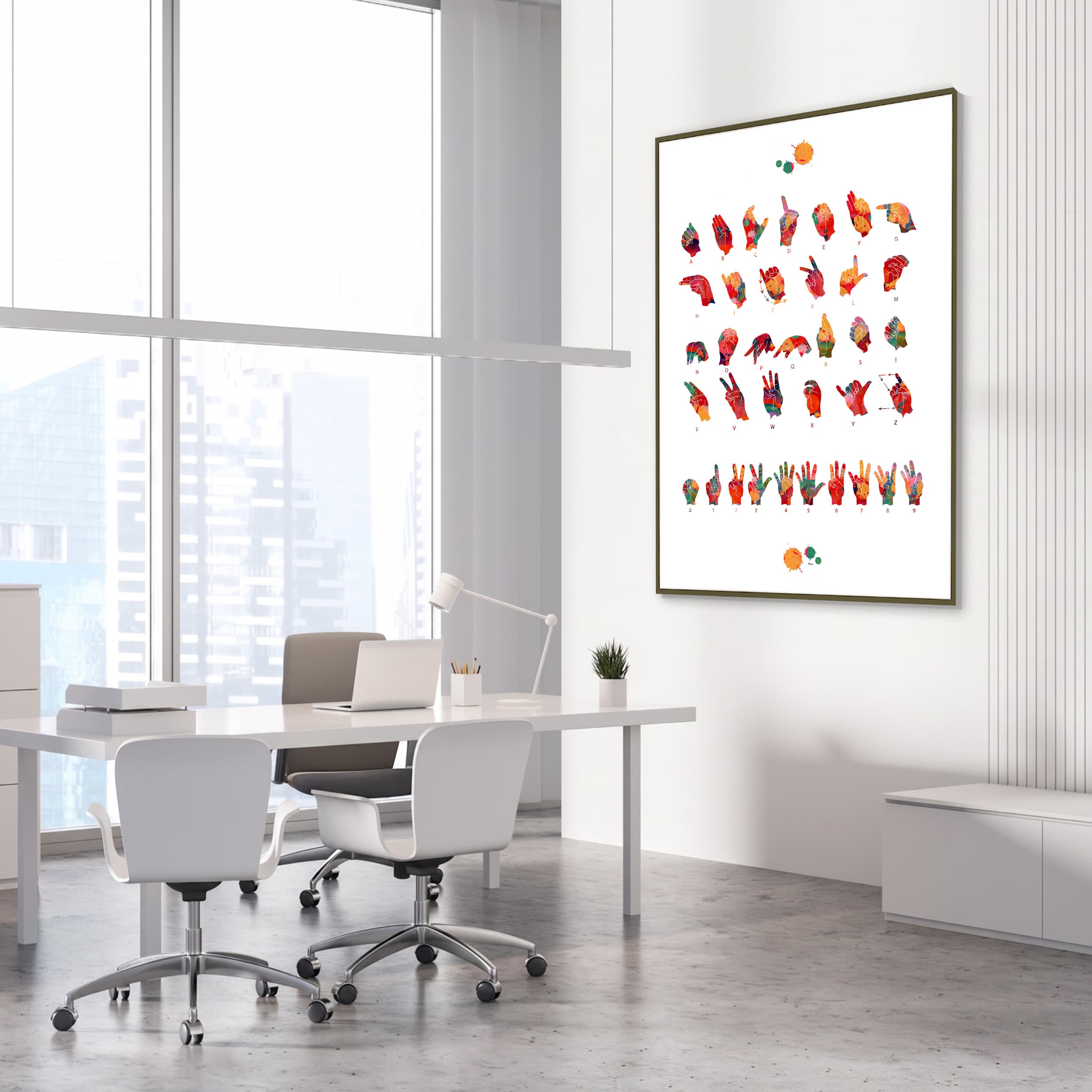 Framed asl alphabet watercolor print in an ENT clinic