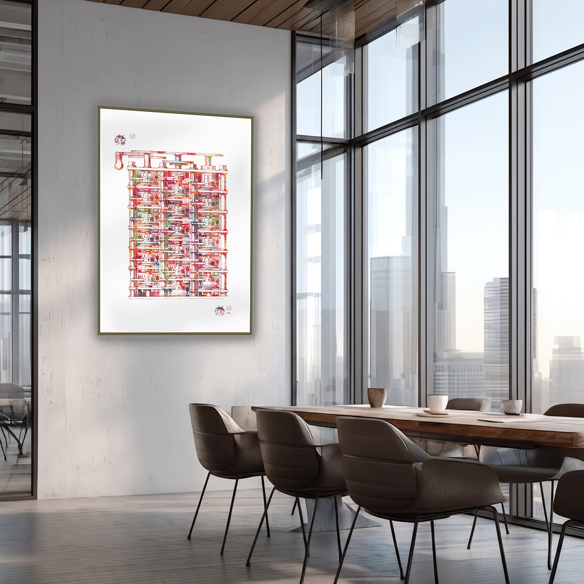 Framed babbage analytical engine watercolor print in a meeting room