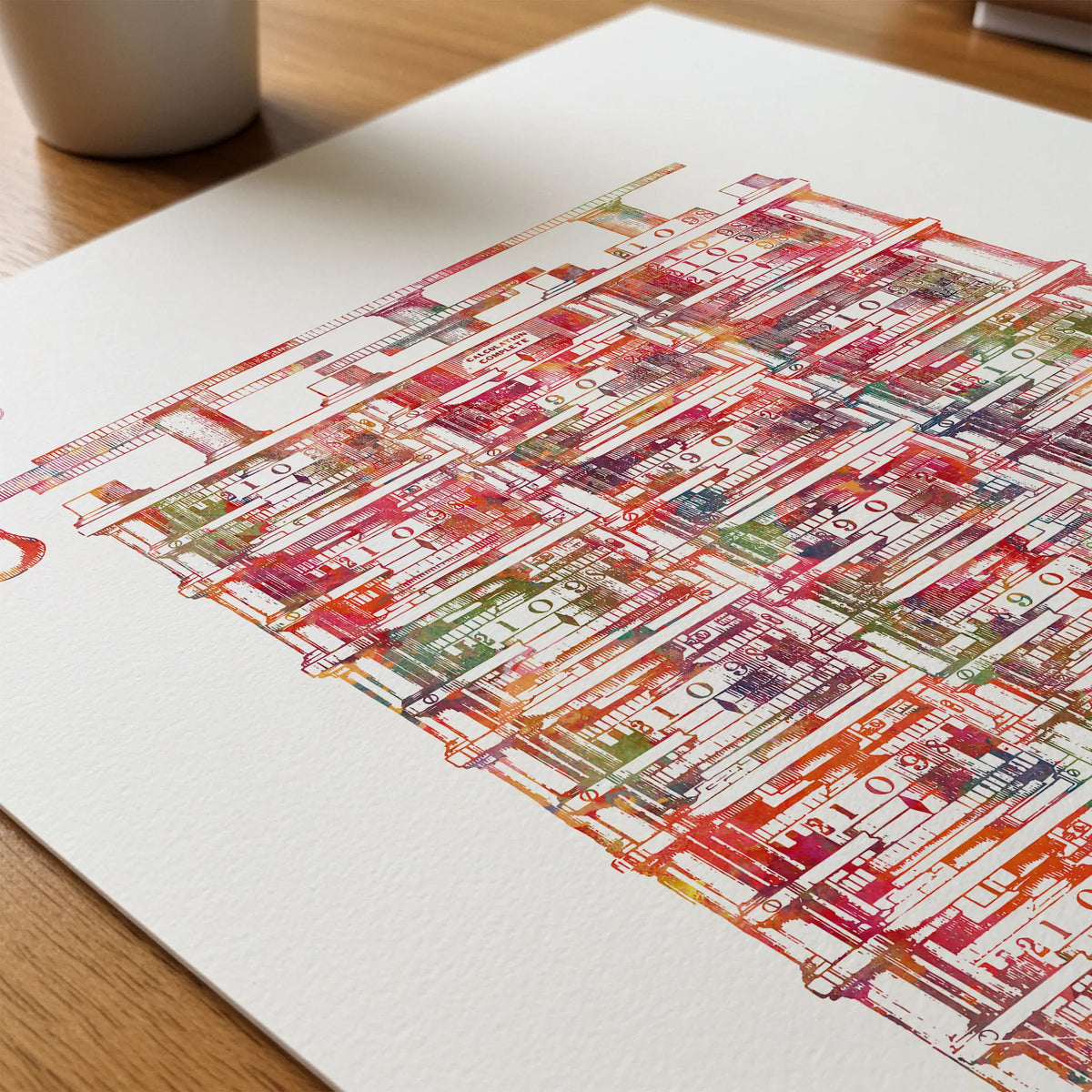 Close-up of babbage analytical engine watercolor print showing paper texture and grain