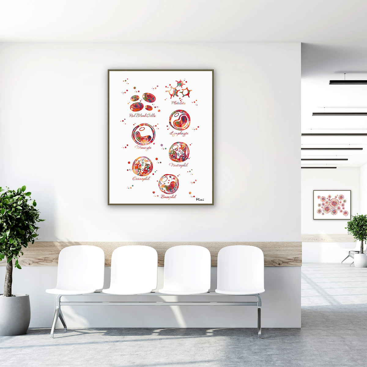 Framed blood cells anatomy watercolor print in a clinic waiting room