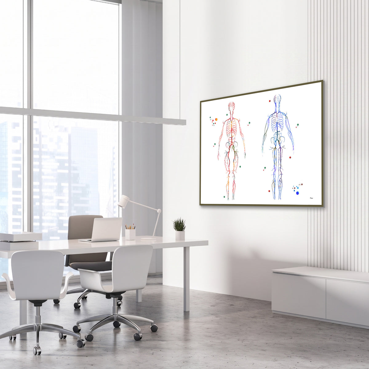 Framed body systems arteries and veins watercolor print in a vascular clinic