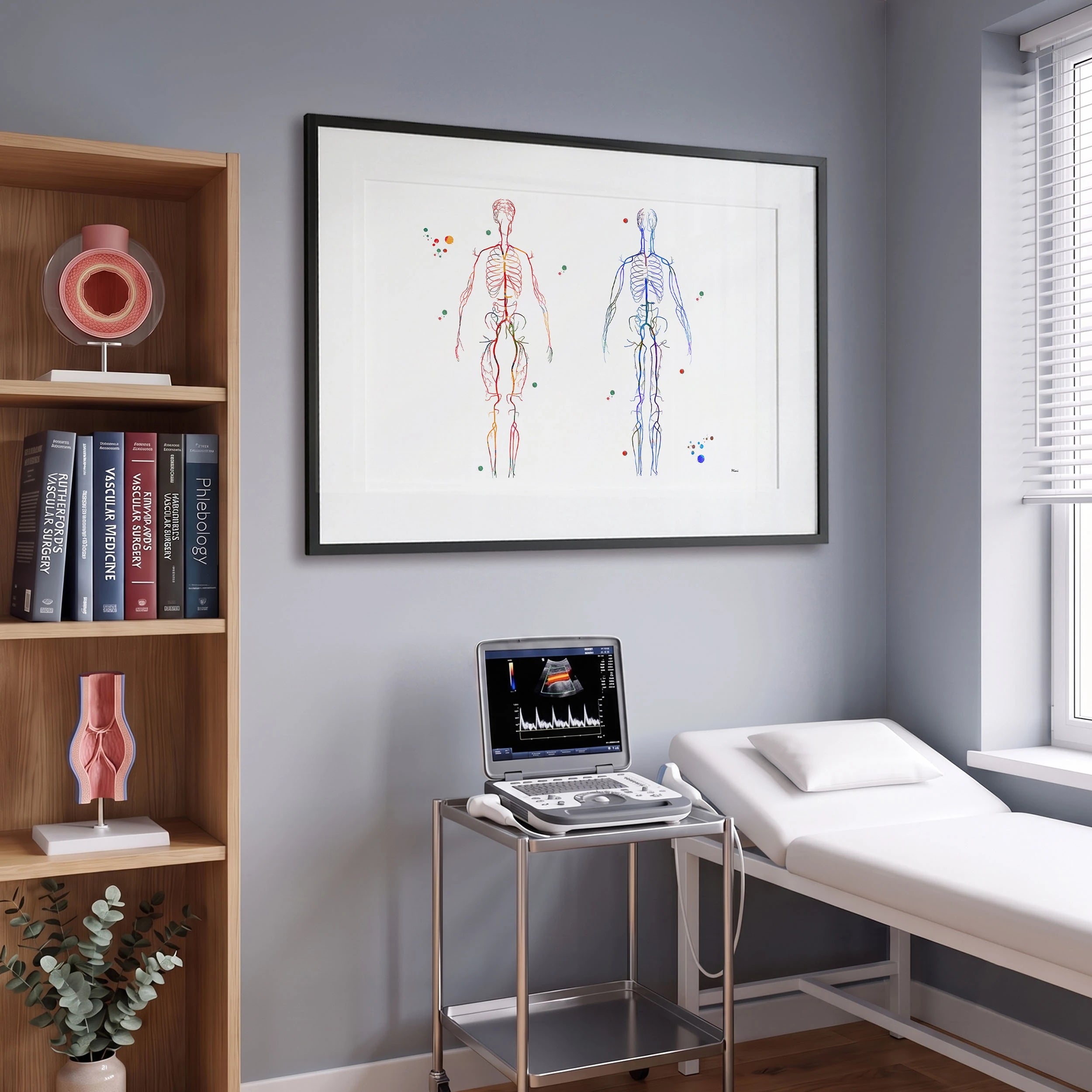 Framed body systems arteries and veins watercolor print in a vascular clinic