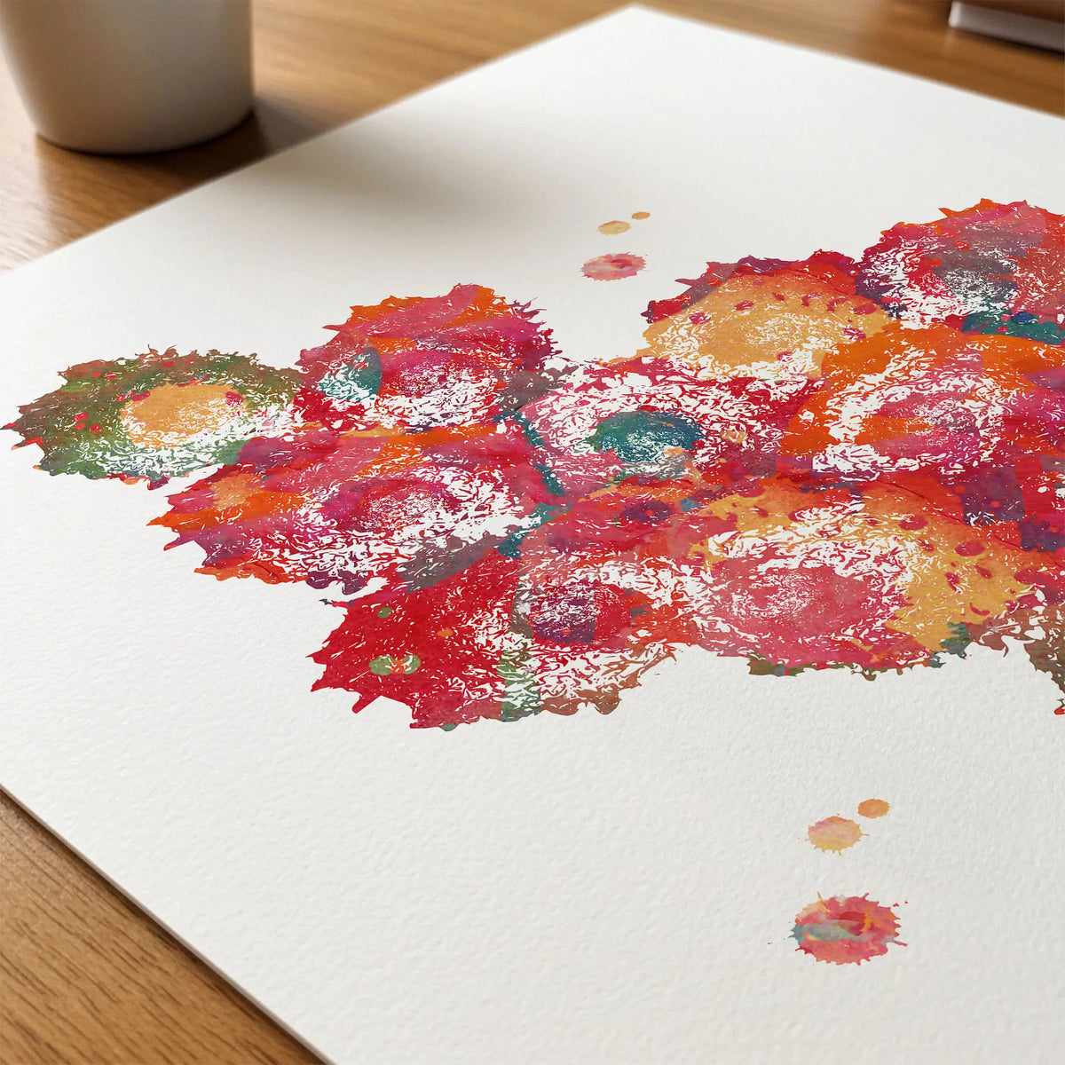 Close-up of bone tissue histology watercolor print showing paper texture and grain