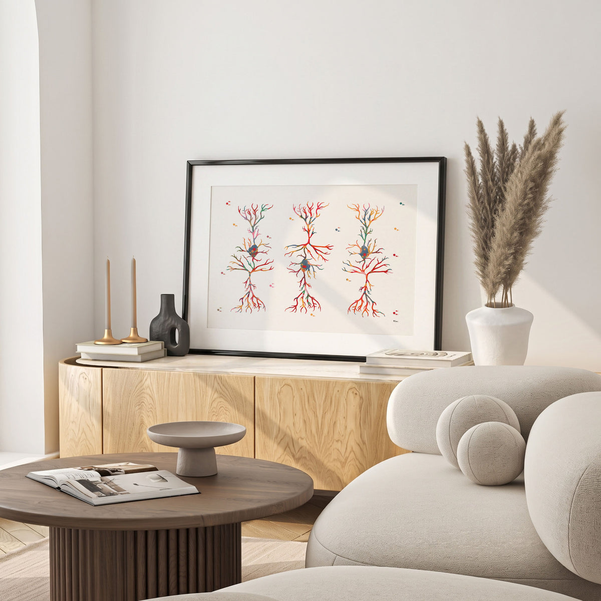 brain pyramidal cells watercolor print hanging in a warm living room