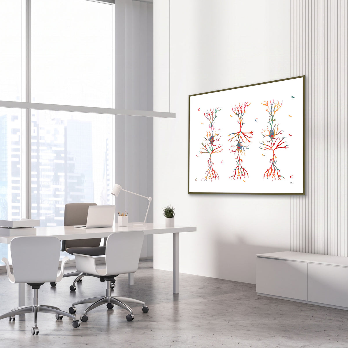 brain pyramidal cells watercolor print hanging in a neurology clinic