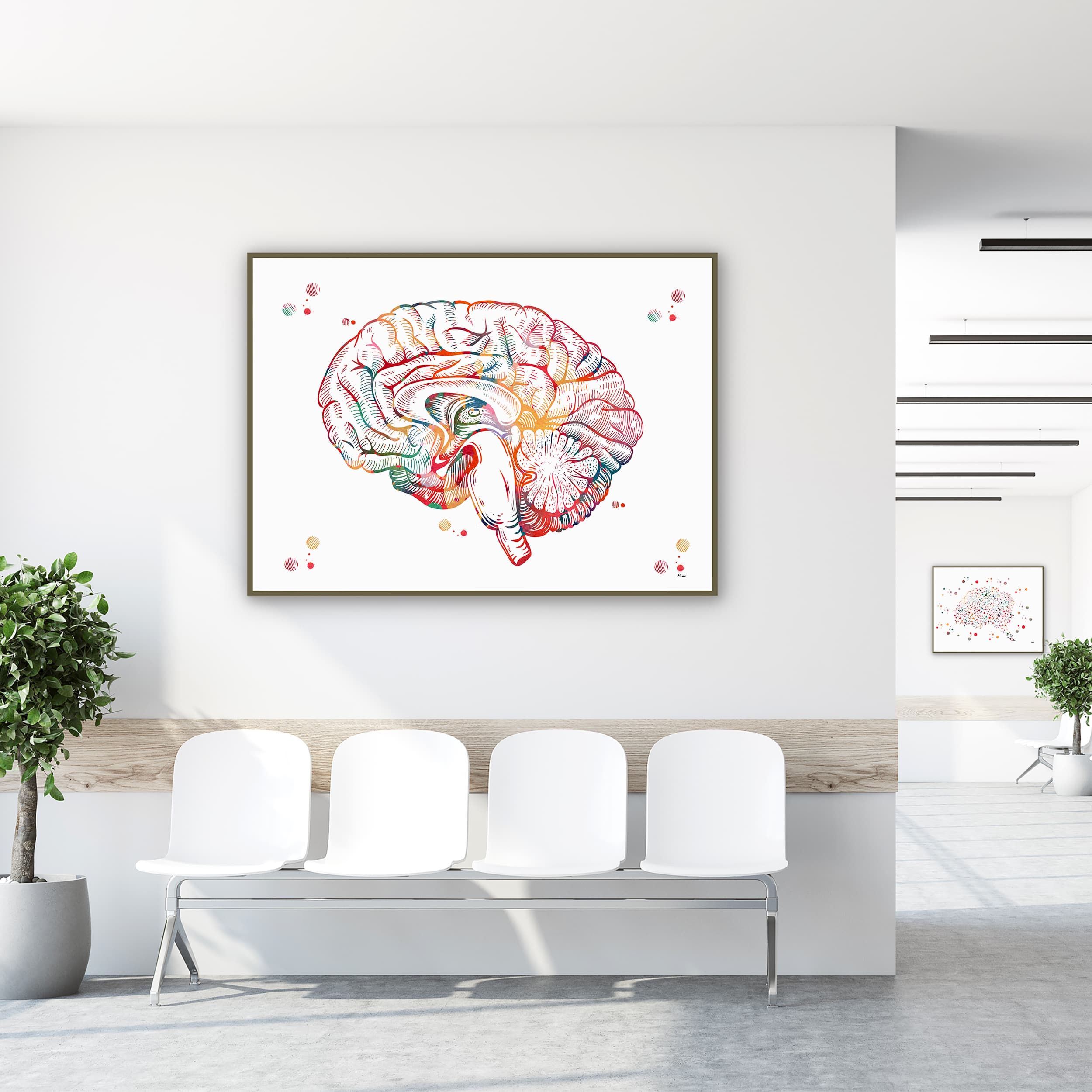 Framed brain sagittal section anatomy watercolor print in a clinic waiting room