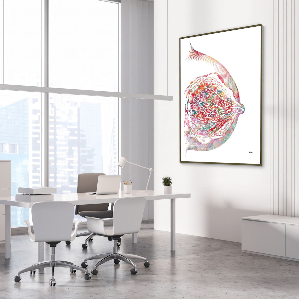 Framed breast & mammary gland anatomy watercolor print in an OB-GYN clinic