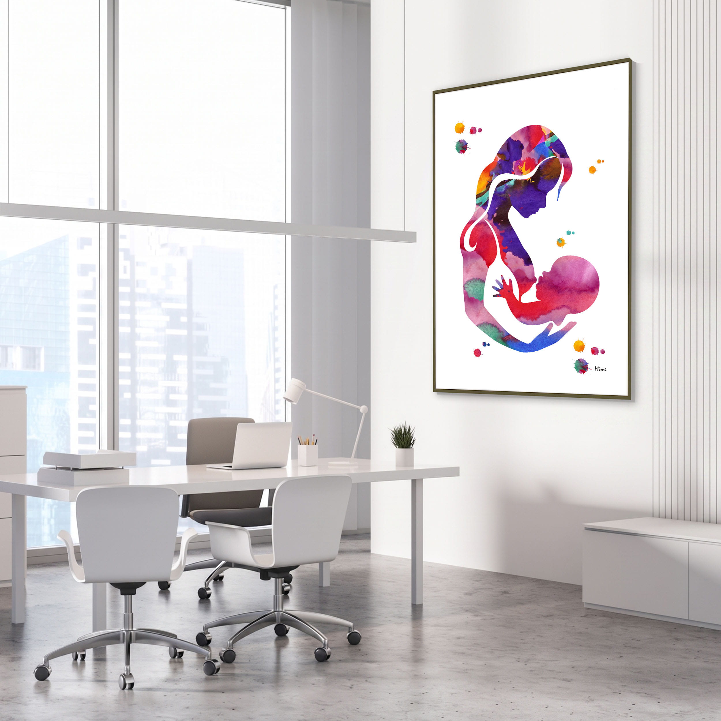 Framed breastfeeding mother & baby watercolor print in an OB-GYN clinic