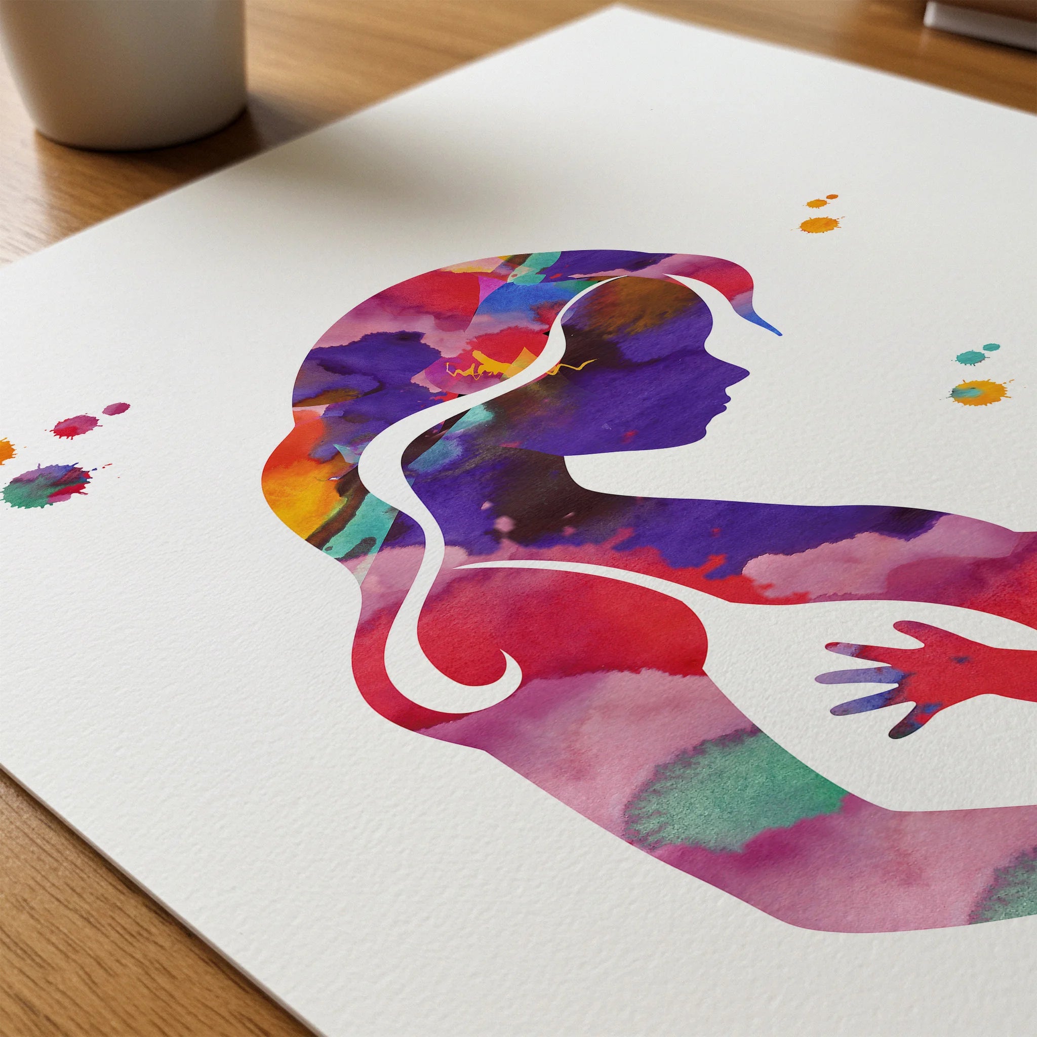 Close-up of breastfeeding mother & baby watercolor print showing paper texture and grain