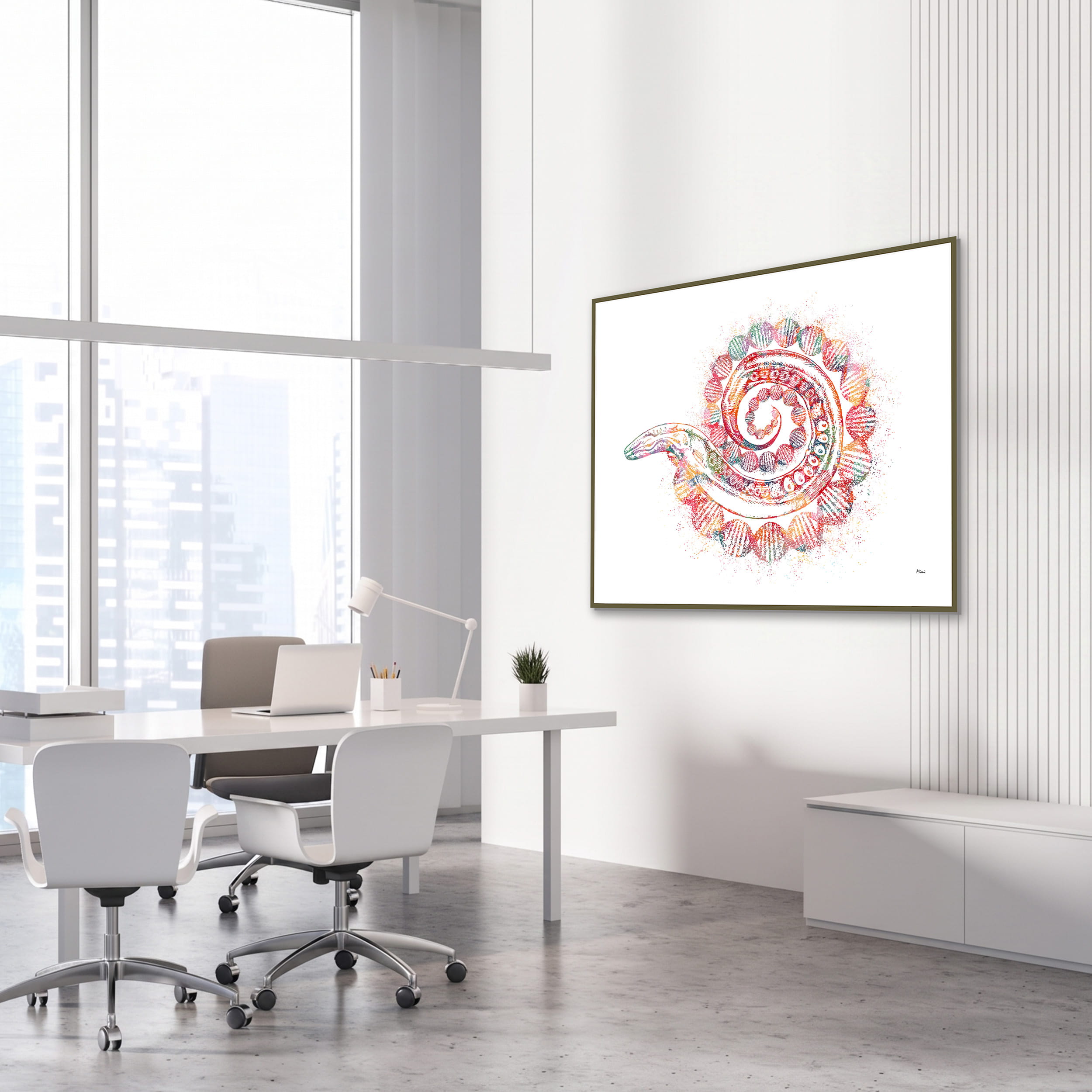 Framed c. elegans & dna abstract science watercolor print in a genetics laboratory