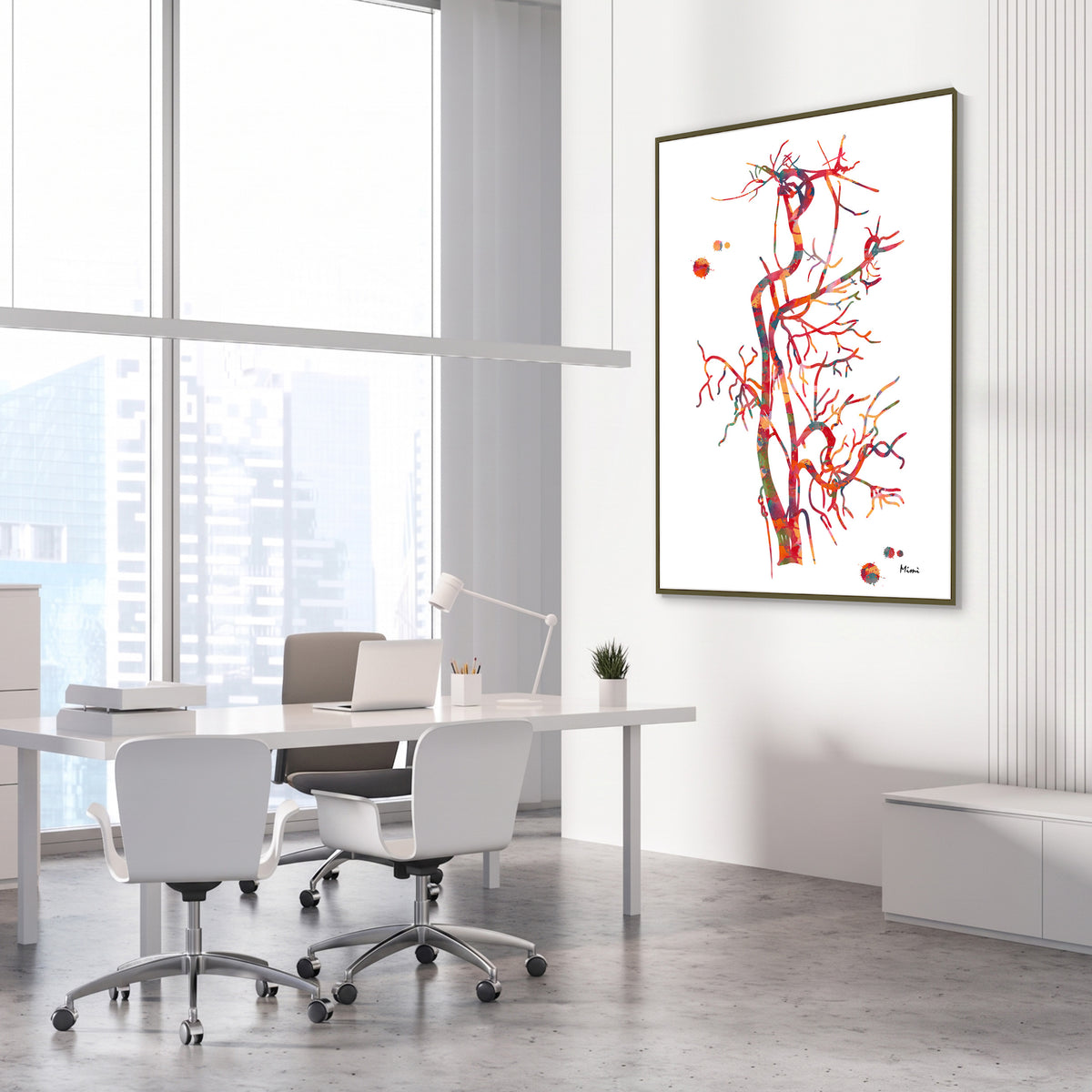 Framed carotid artery angiogram watercolor print in a vascular clinic