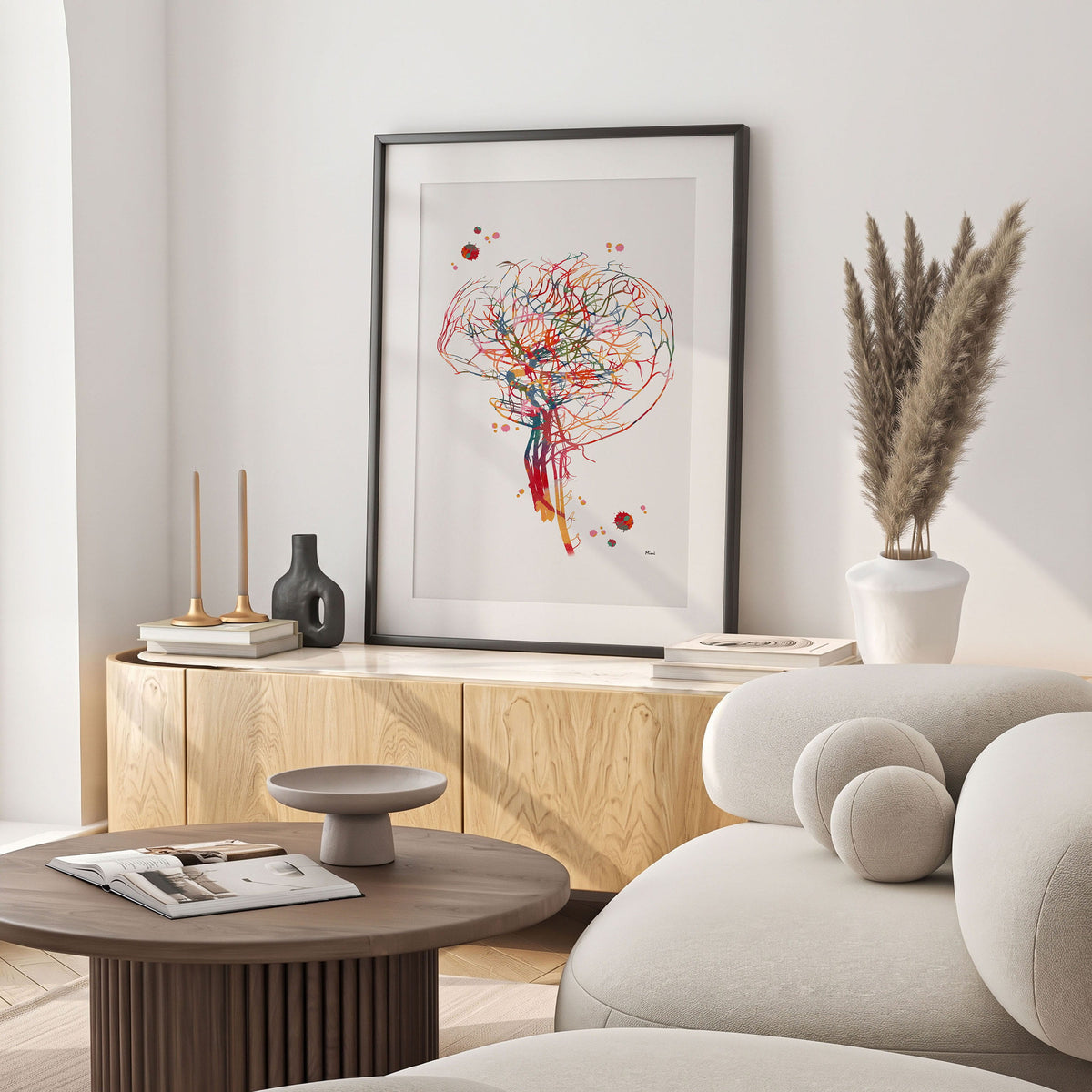 Framed cerebral angiography brain vascularization watercolor print in a warm living room