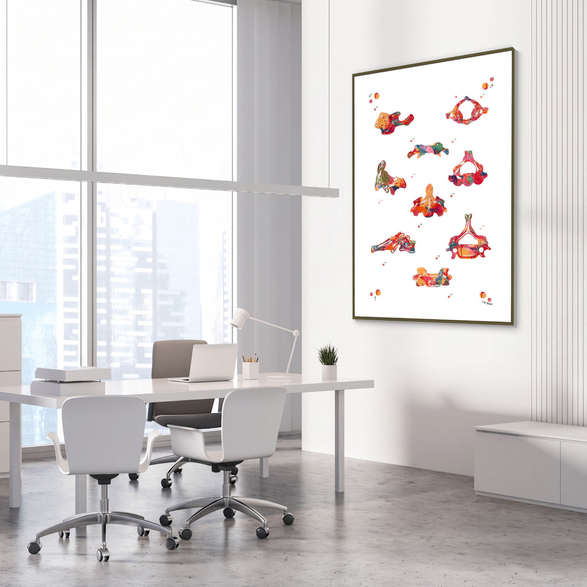 Framed cervical vertebrae c1 c2 c6 watercolor print in an orthopedic clinic