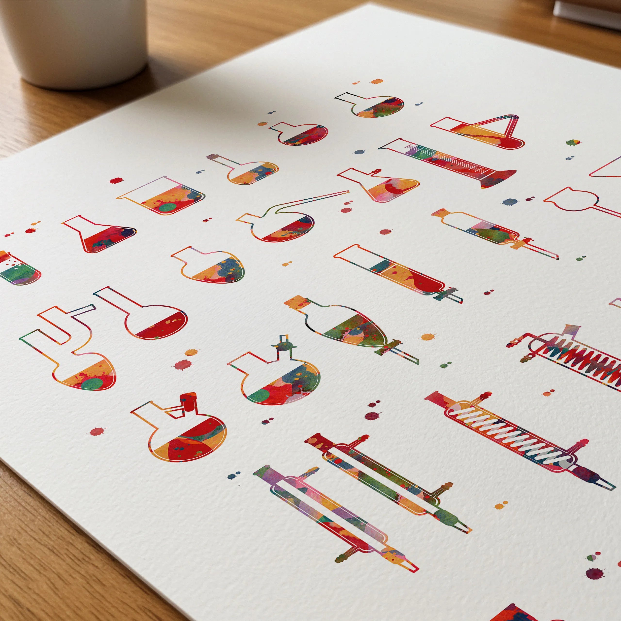 Close-up of chemistry lab glassware watercolor print showing paper texture and grain