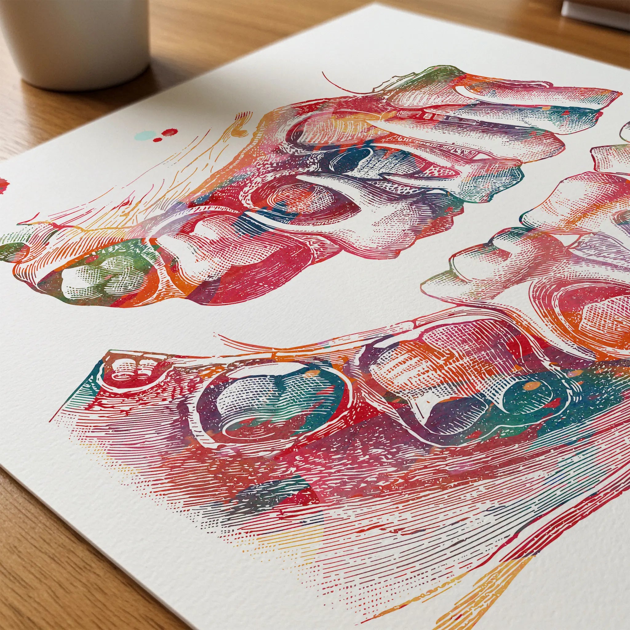Close-up of children's teeth deciduous dentition watercolor print showing paper texture and grain