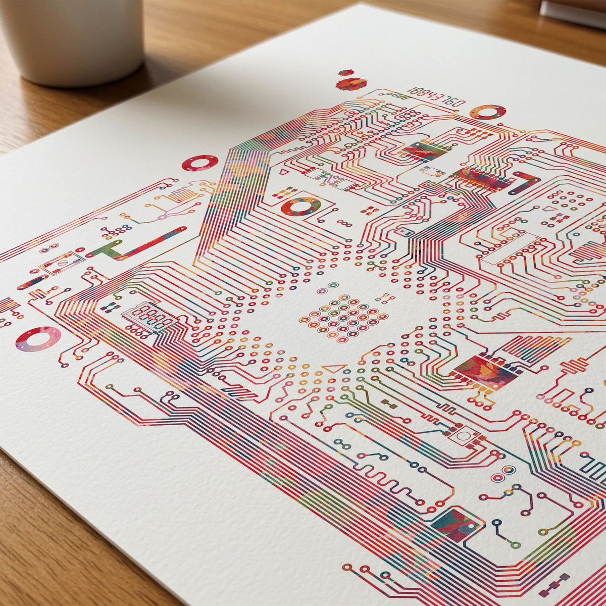 Close-up of circuit board watercolor print showing paper texture and grain
