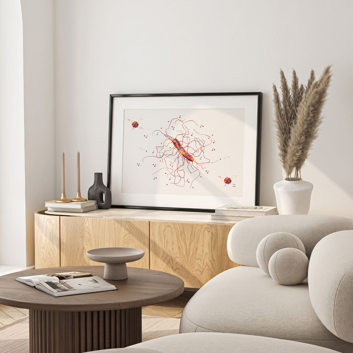 Framed clostridium difficile bacteria watercolor print in a warm living room
