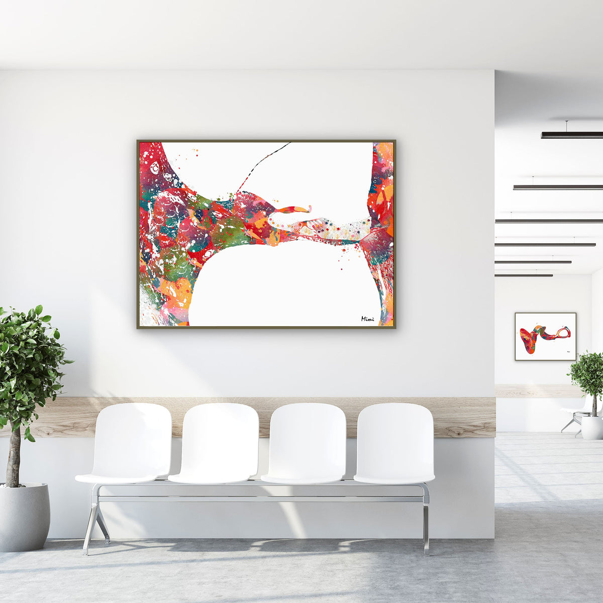 Framed cochlea histology watercolor print in a clinic waiting room