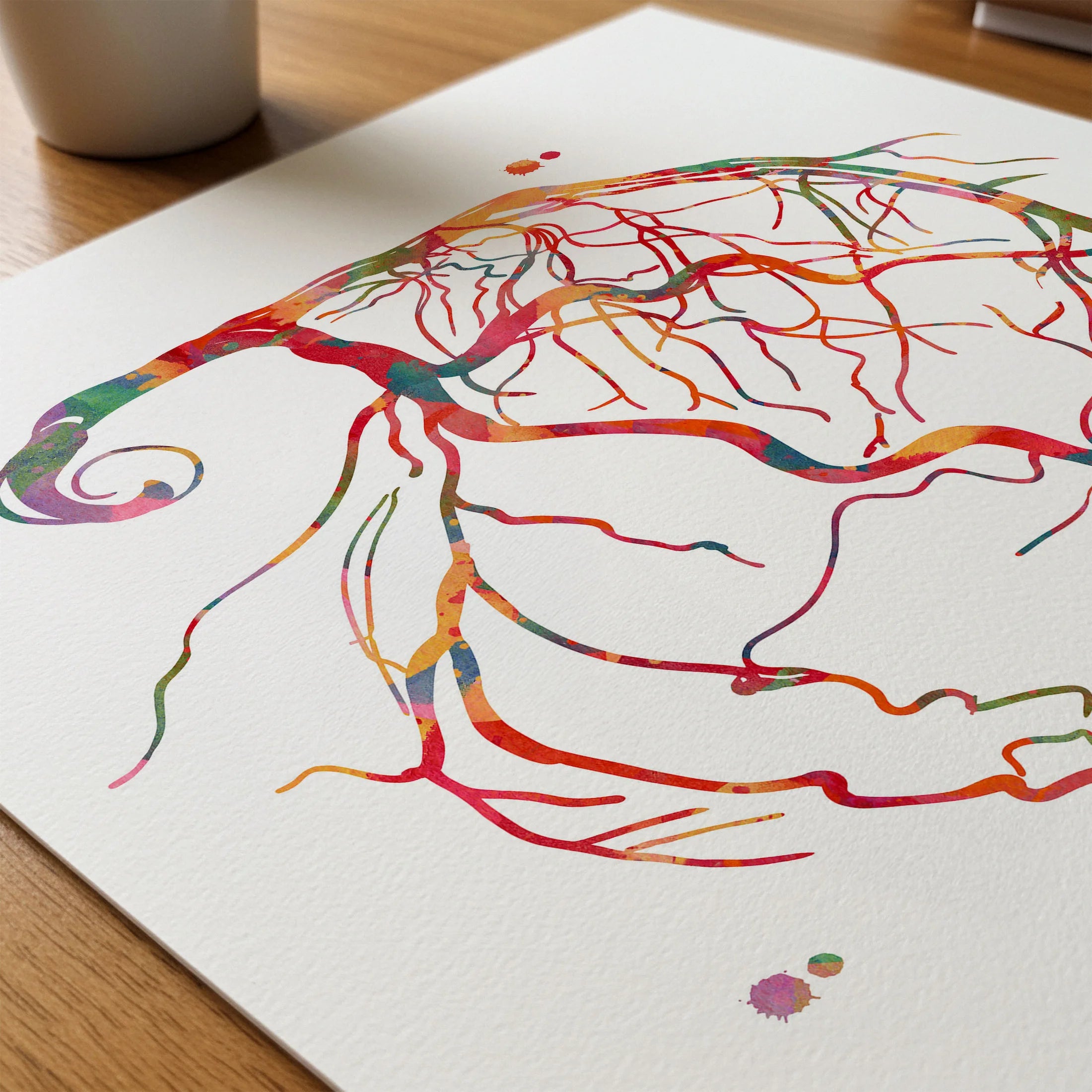 Close-up of coronary angiogram watercolor print showing paper texture and grain