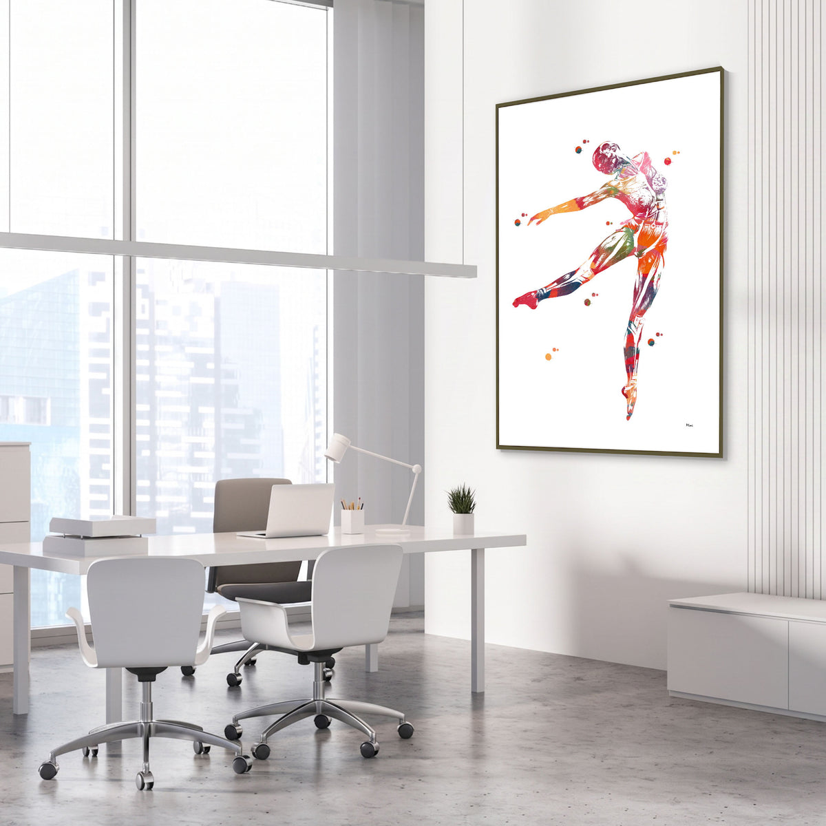 Framed dance anatomy, arabesque leap watercolor print in an orthopedic clinic