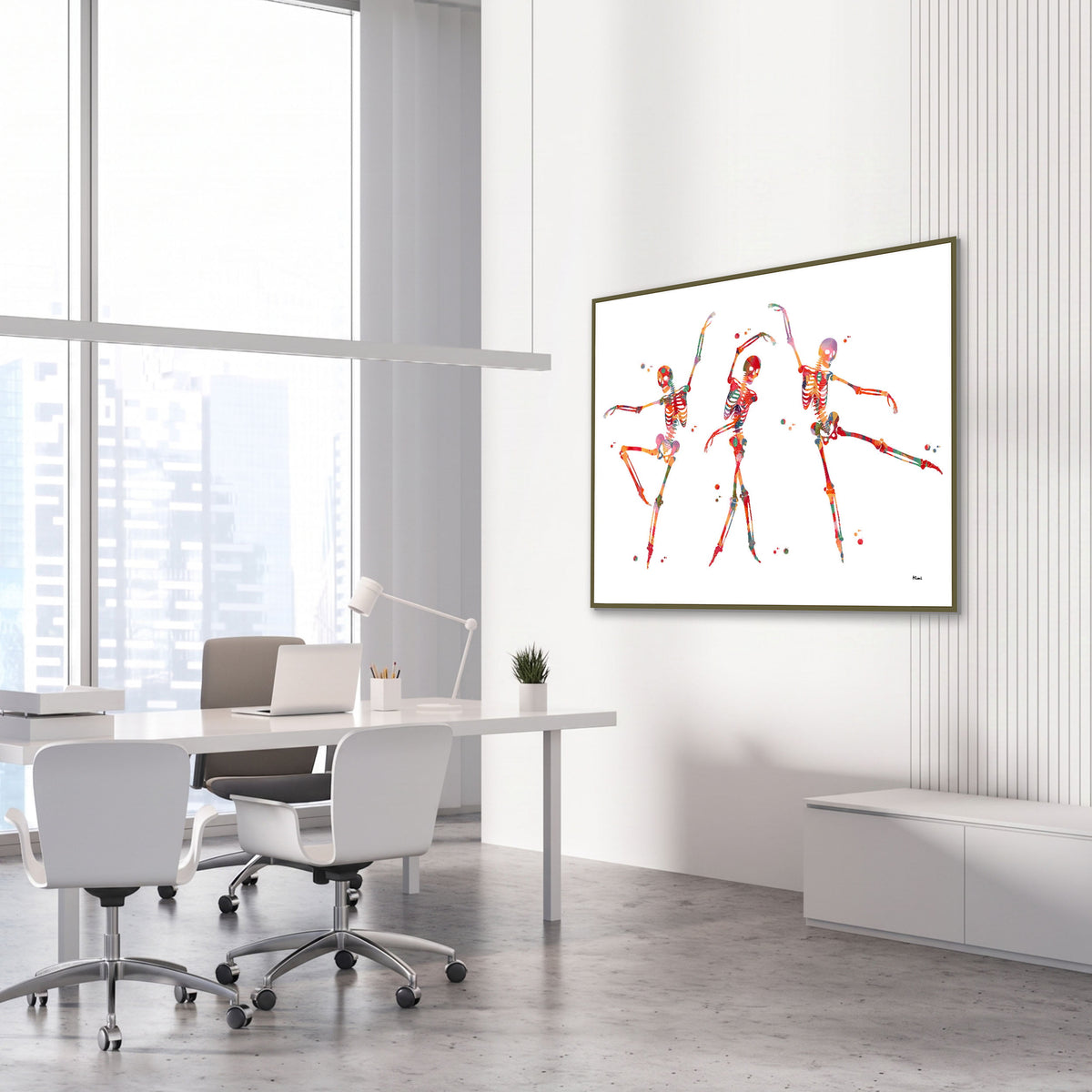 Framed dancing phases watercolor print in an orthopedic clinic
