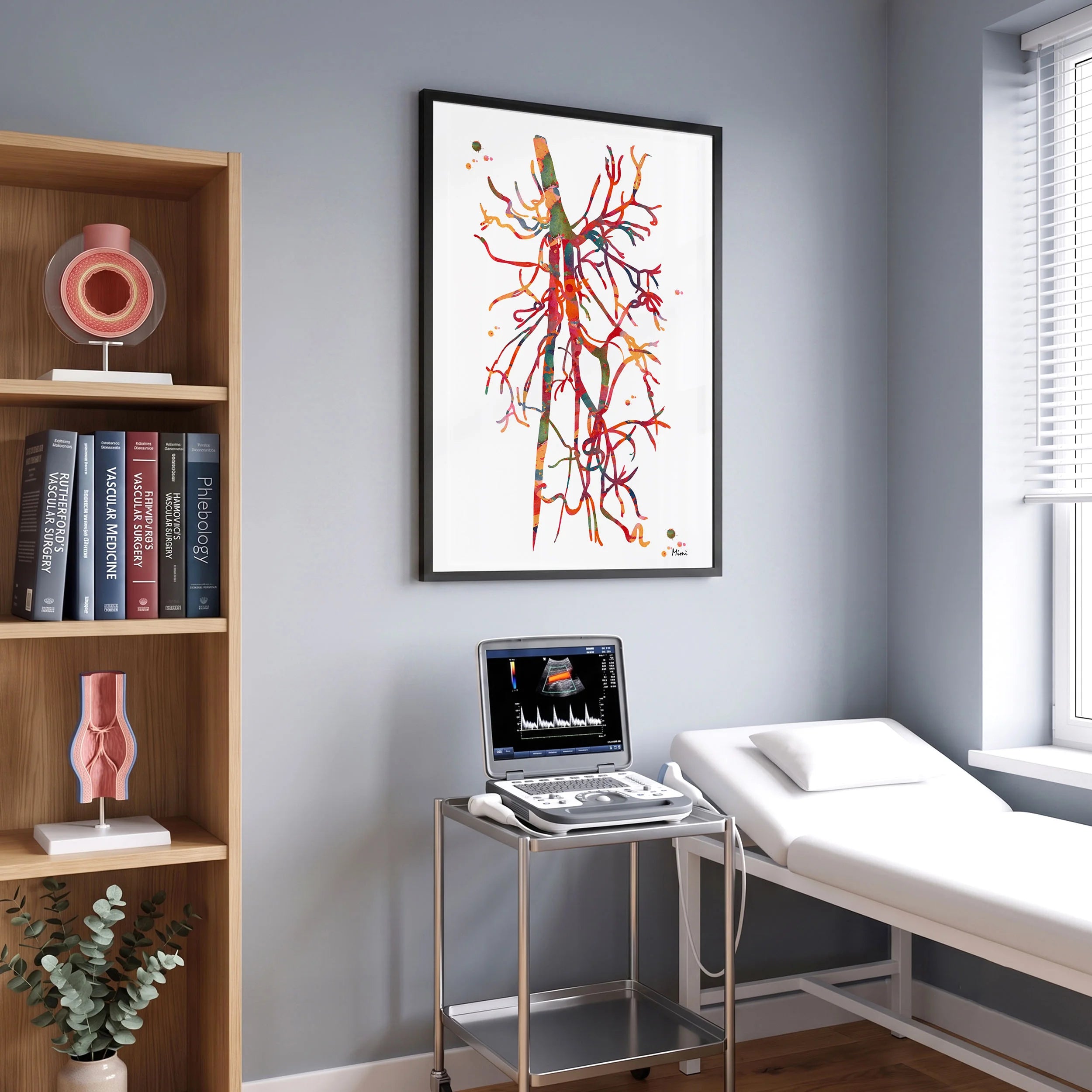 Framed deep femoral artery (profunda femoris) watercolor print in a vascular clinic