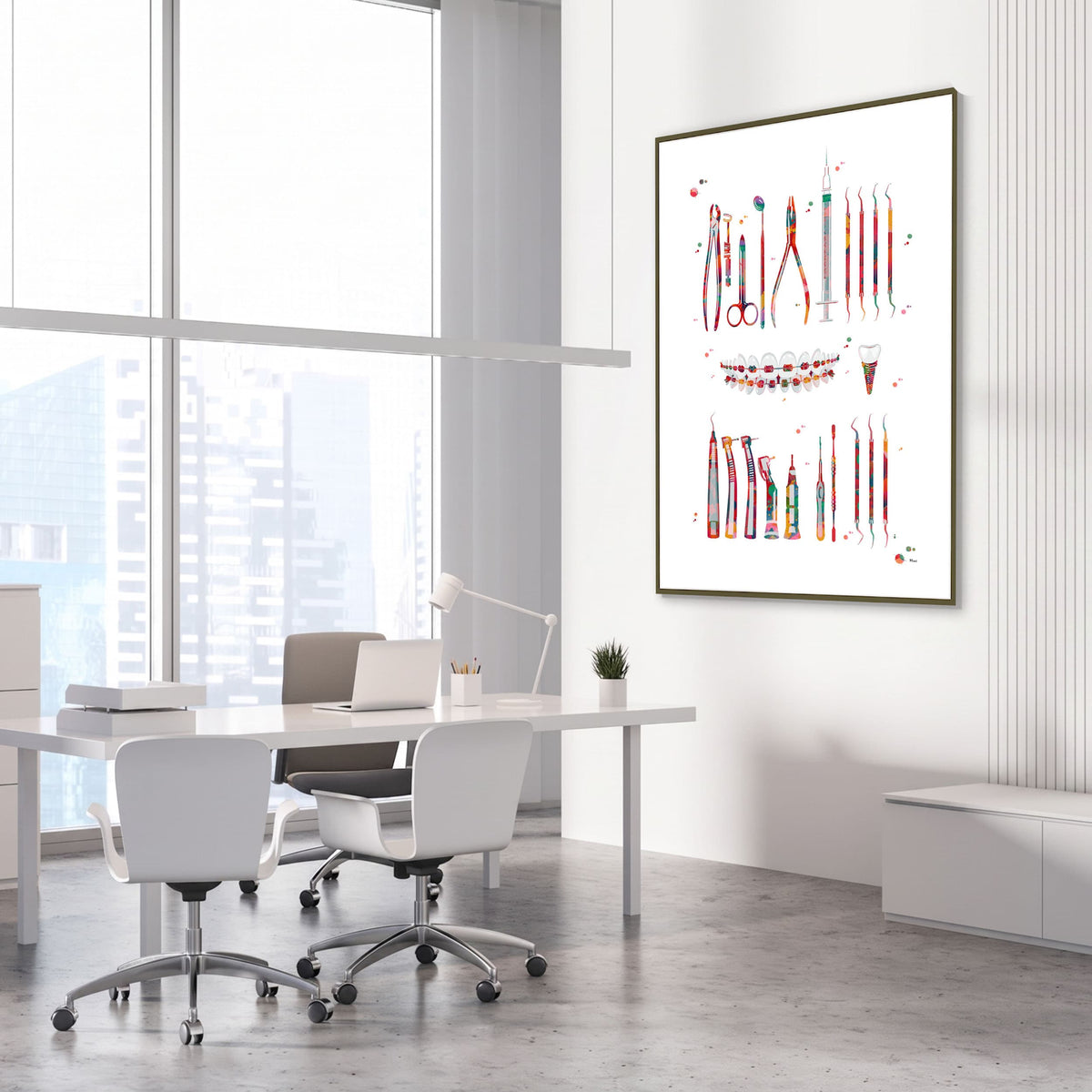 Framed dental instruments watercolor print in a dental clinic