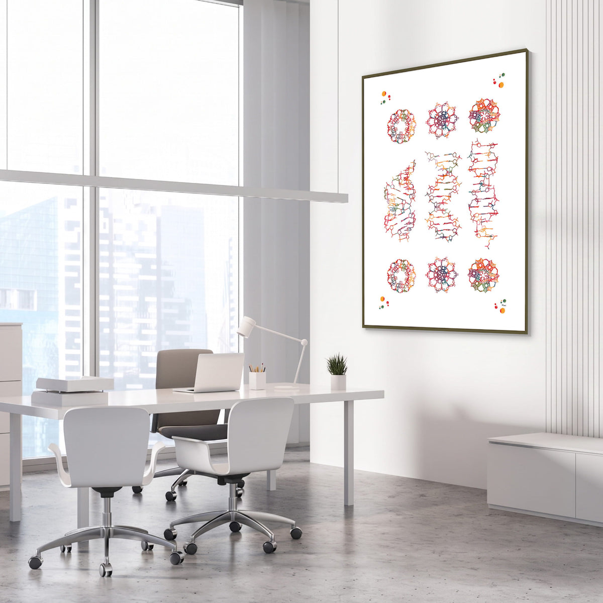 Framed dna a, b & z forms genetics watercolor print in a genetics laboratory
