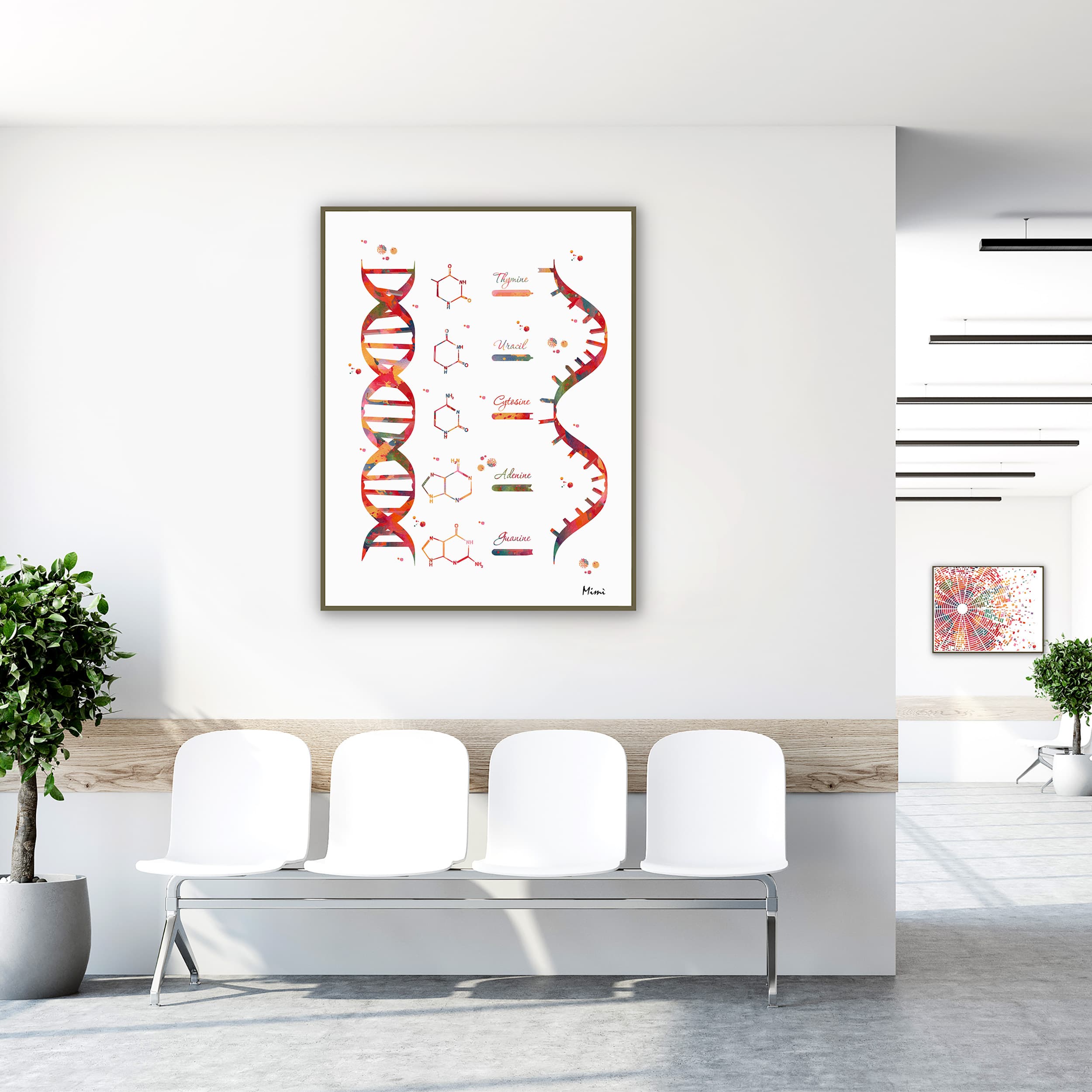 Framed dna and rna structure genetics watercolor print in a clinic waiting room