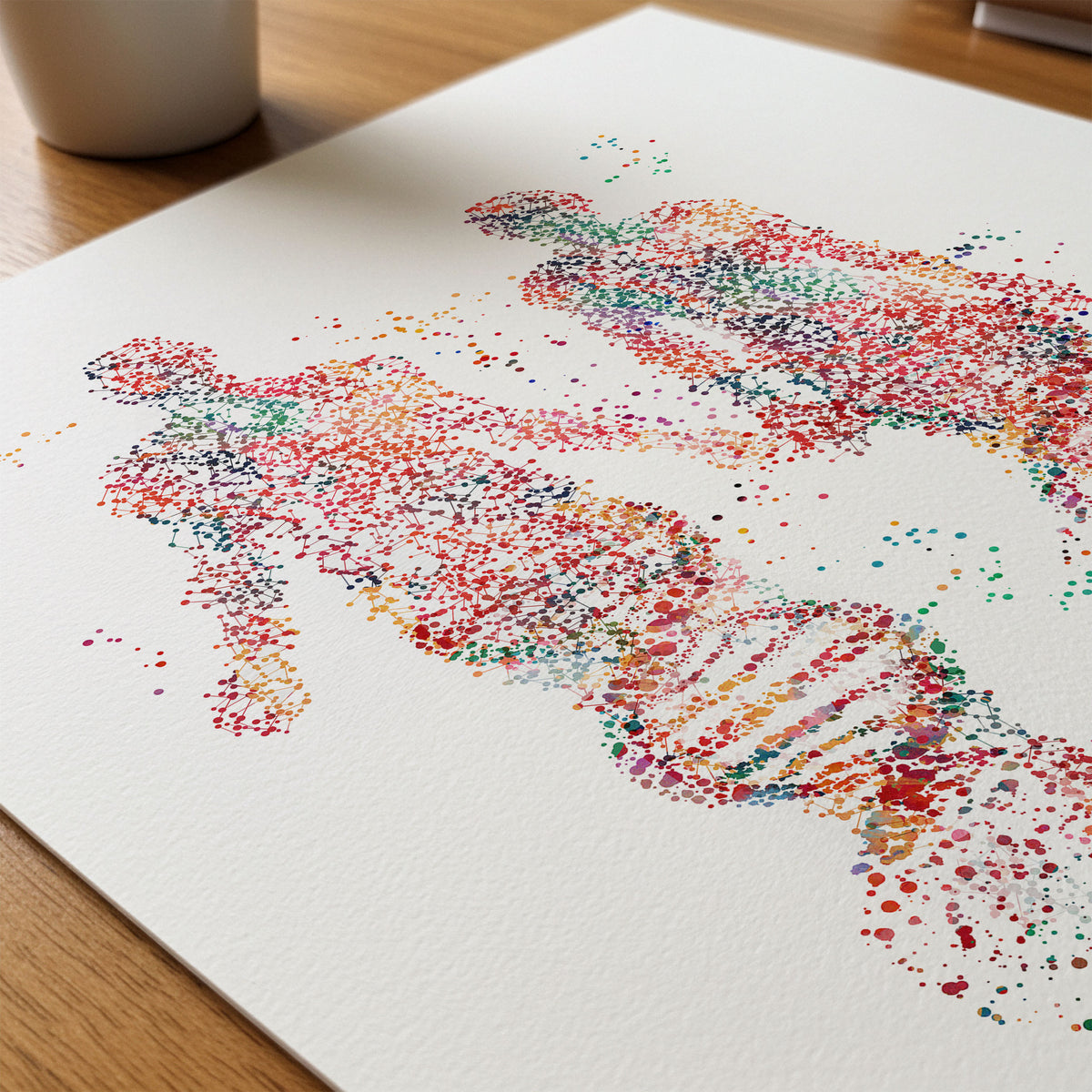 Close-up of dna bodies watercolor print showing paper texture and grain