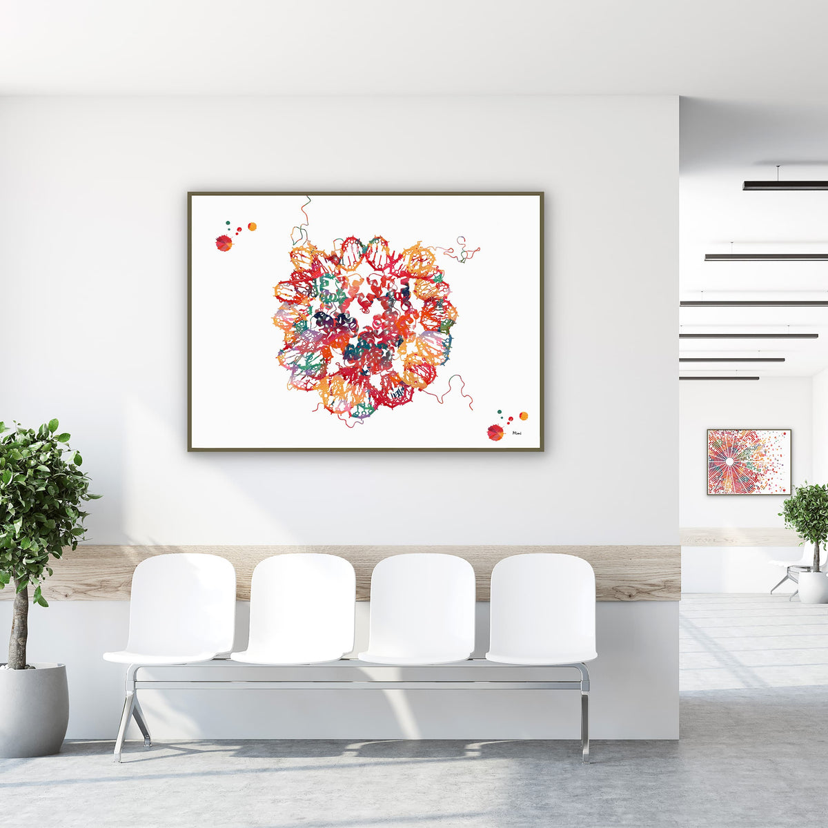 Framed dna nucleosome crystal structure watercolor print in a clinic waiting room