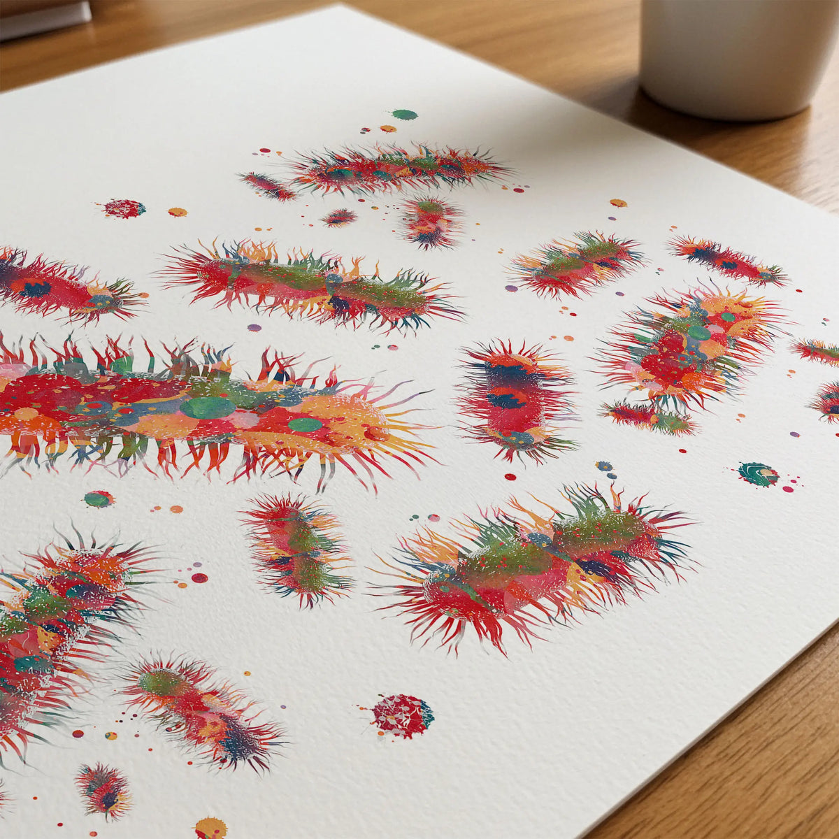 Close-up of escherichia coli (e. coli) watercolor print showing paper texture and grain