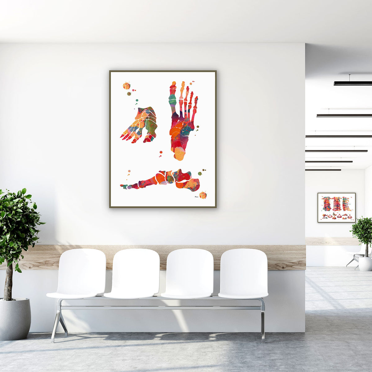 Framed foot bones anatomy watercolor print in a clinic waiting room