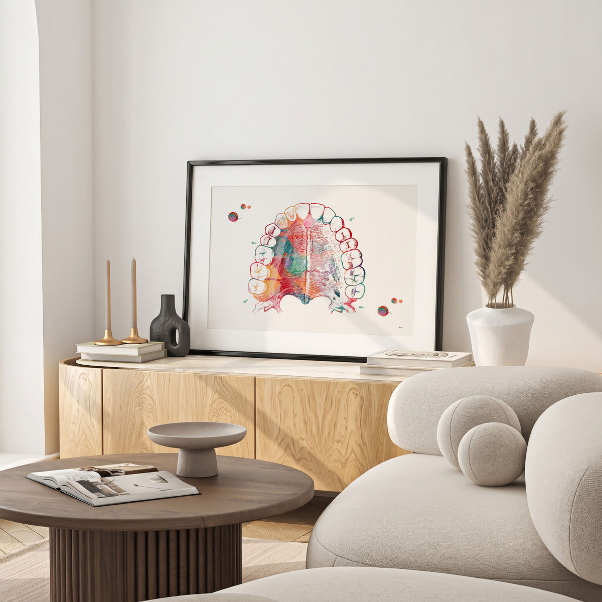 Framed hard palate & teeth watercolor print in a warm living room