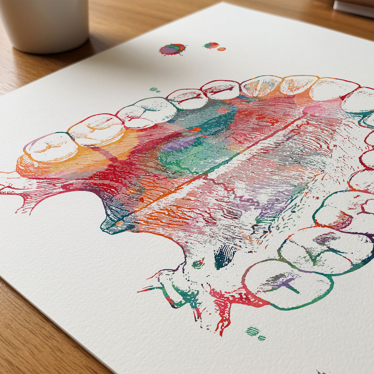 Close-up of hard palate & teeth watercolor print showing paper texture and grain
