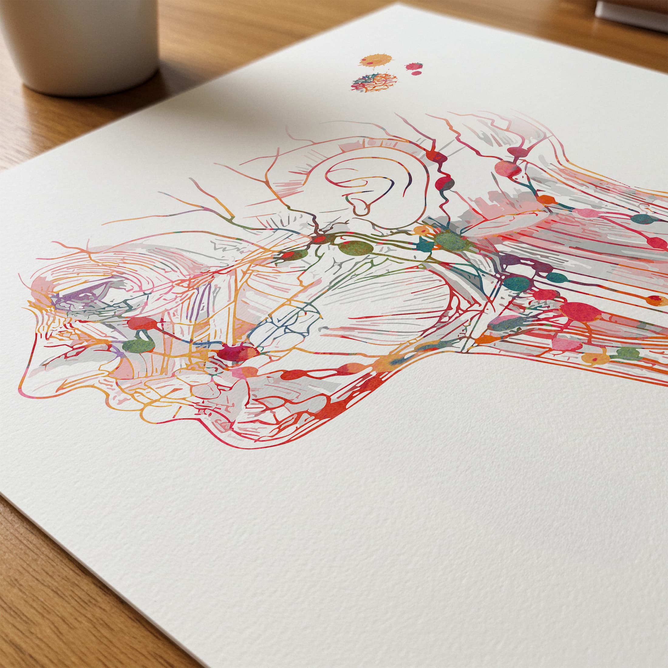 Close-up of head and neck lymph nodes watercolor print showing paper texture and grain