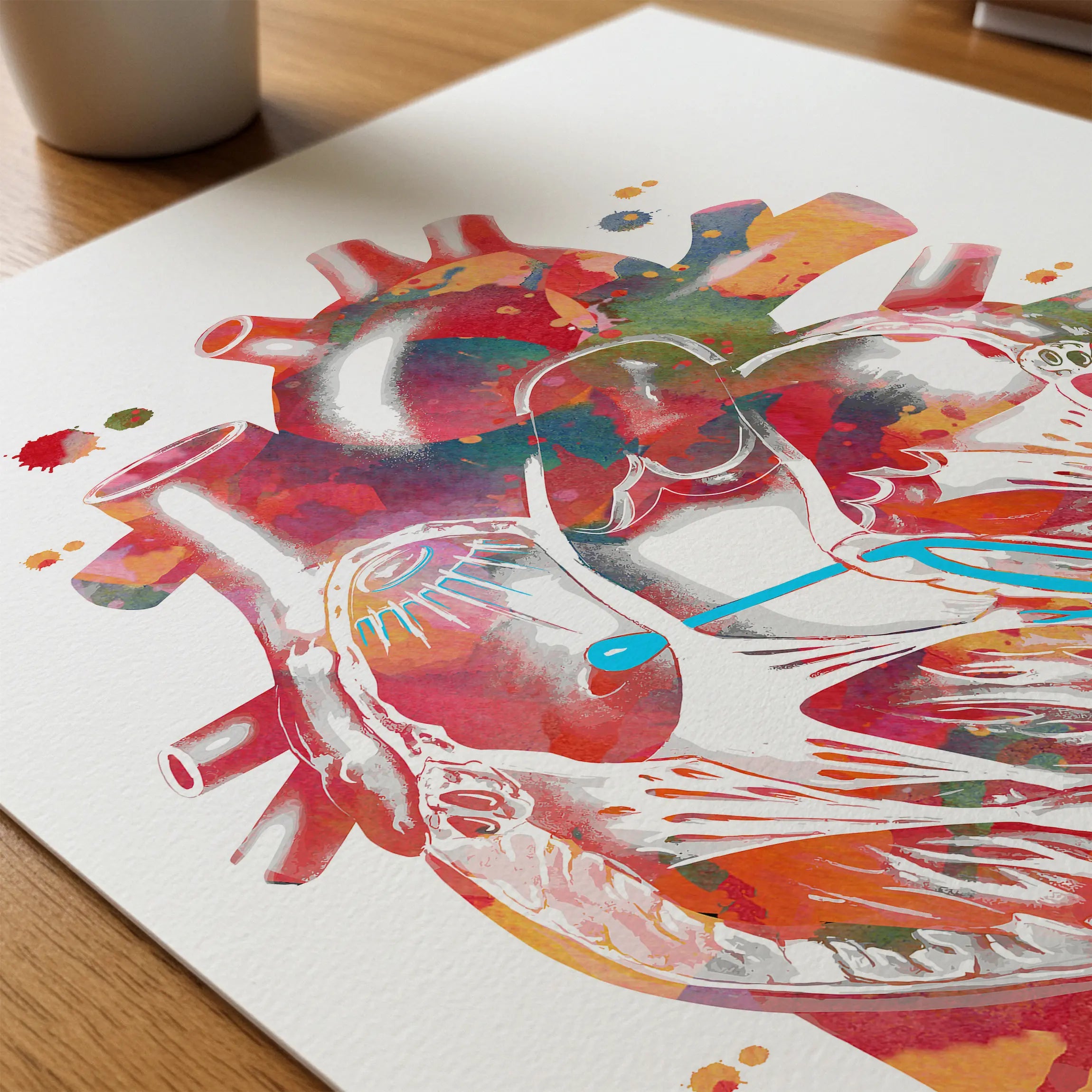 Close-up of heart conduction system watercolor print showing paper texture and grain