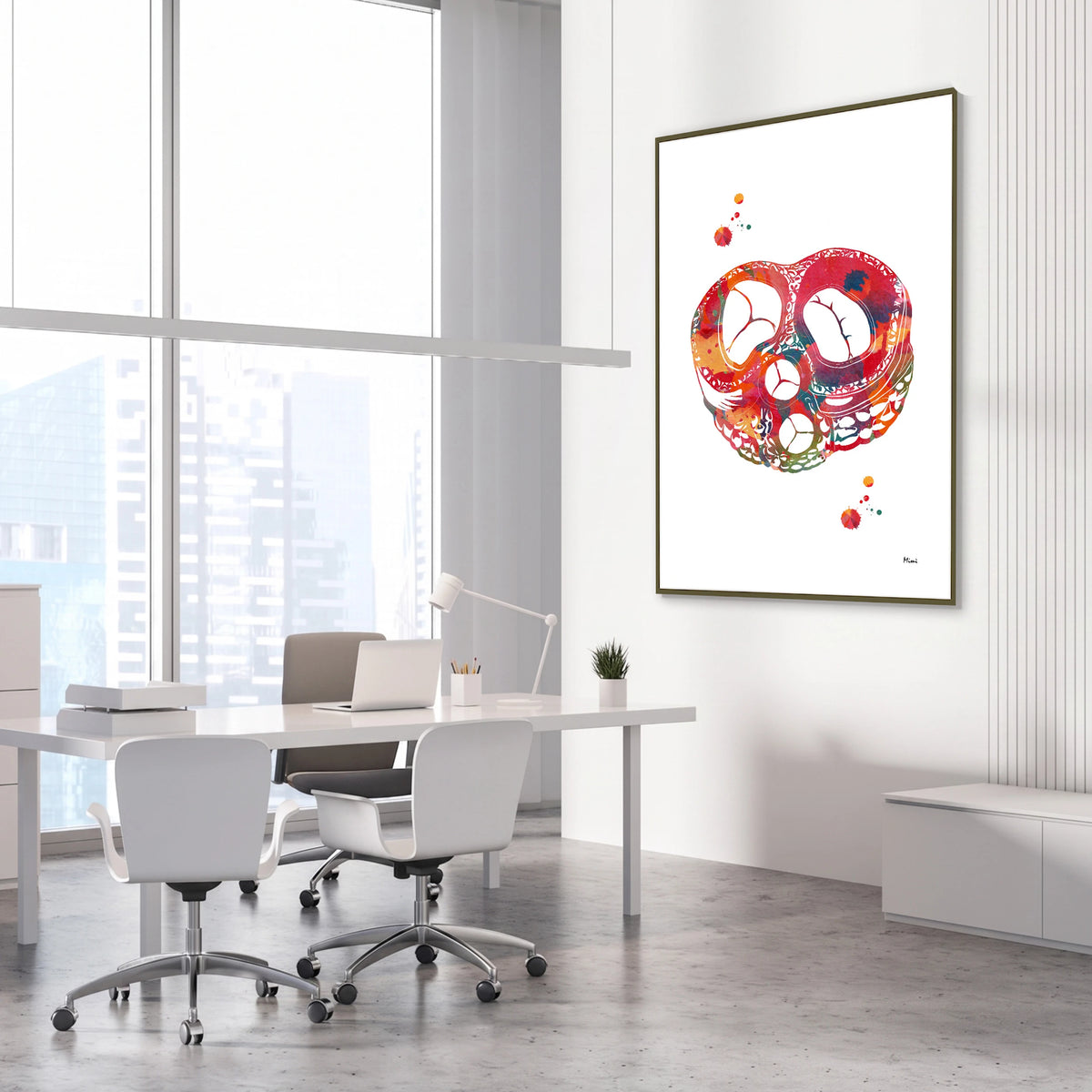 Framed heart valves watercolor print in a cardiology clinic