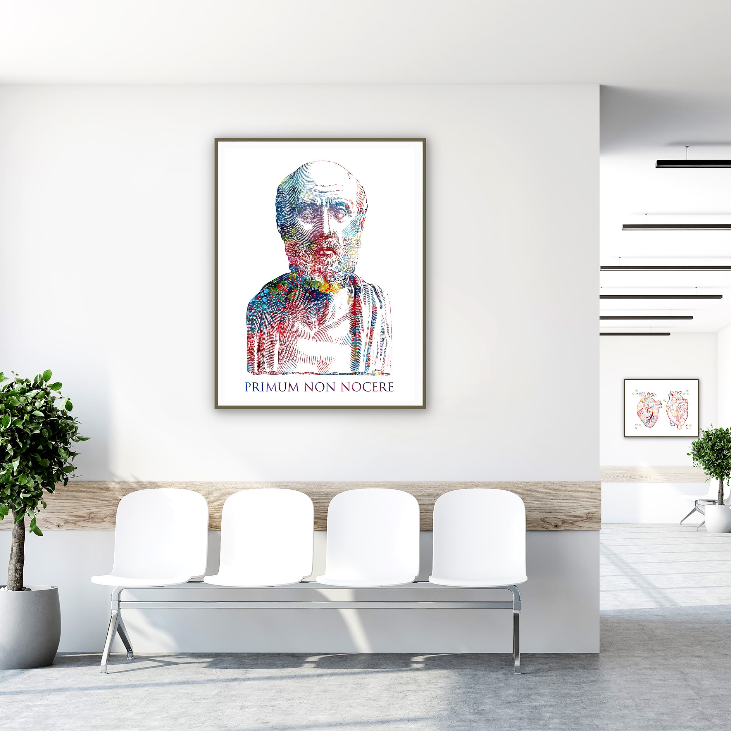Framed hippocratic oath watercolor print in a clinic waiting room
