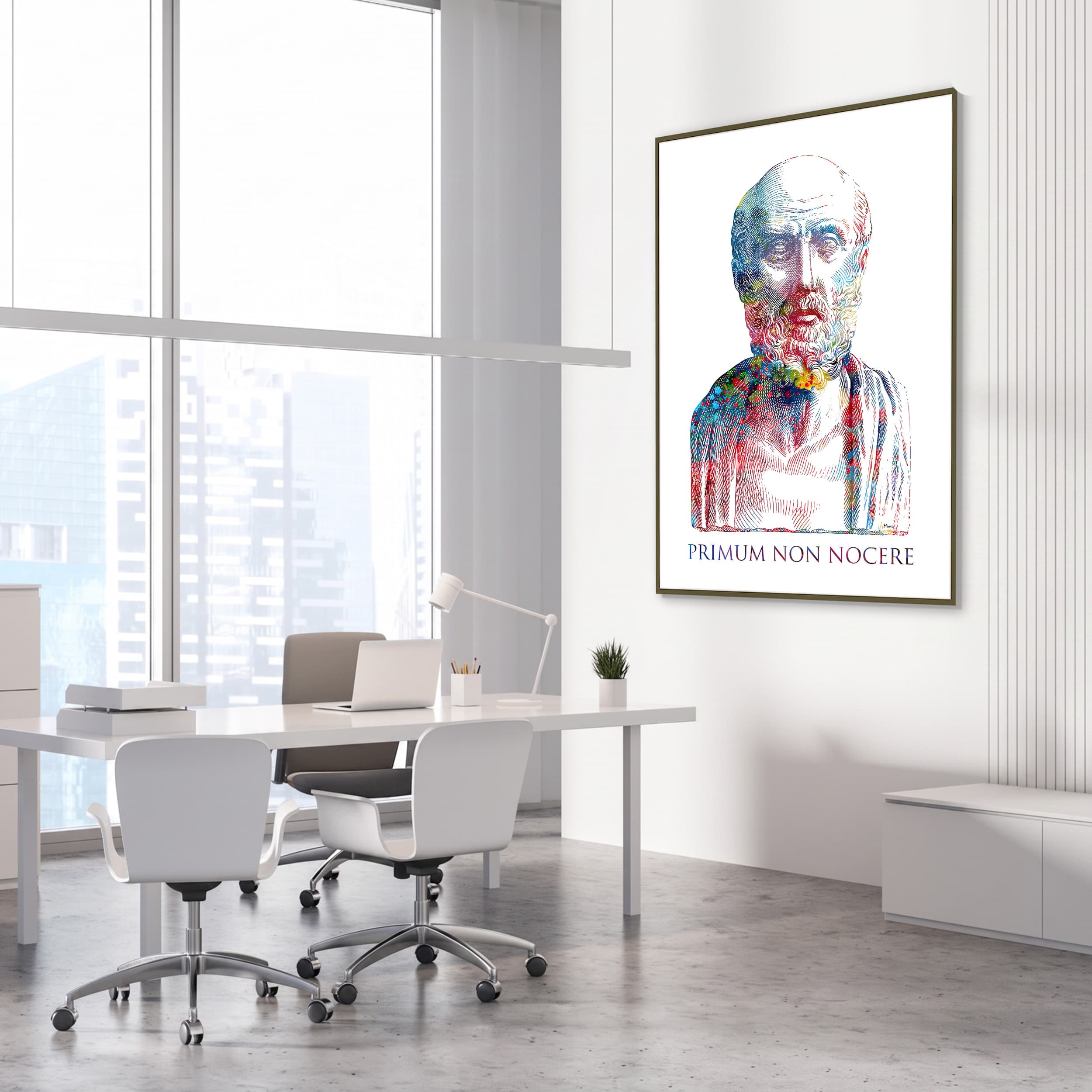 Framed hippocratic oath watercolor print in a medical office